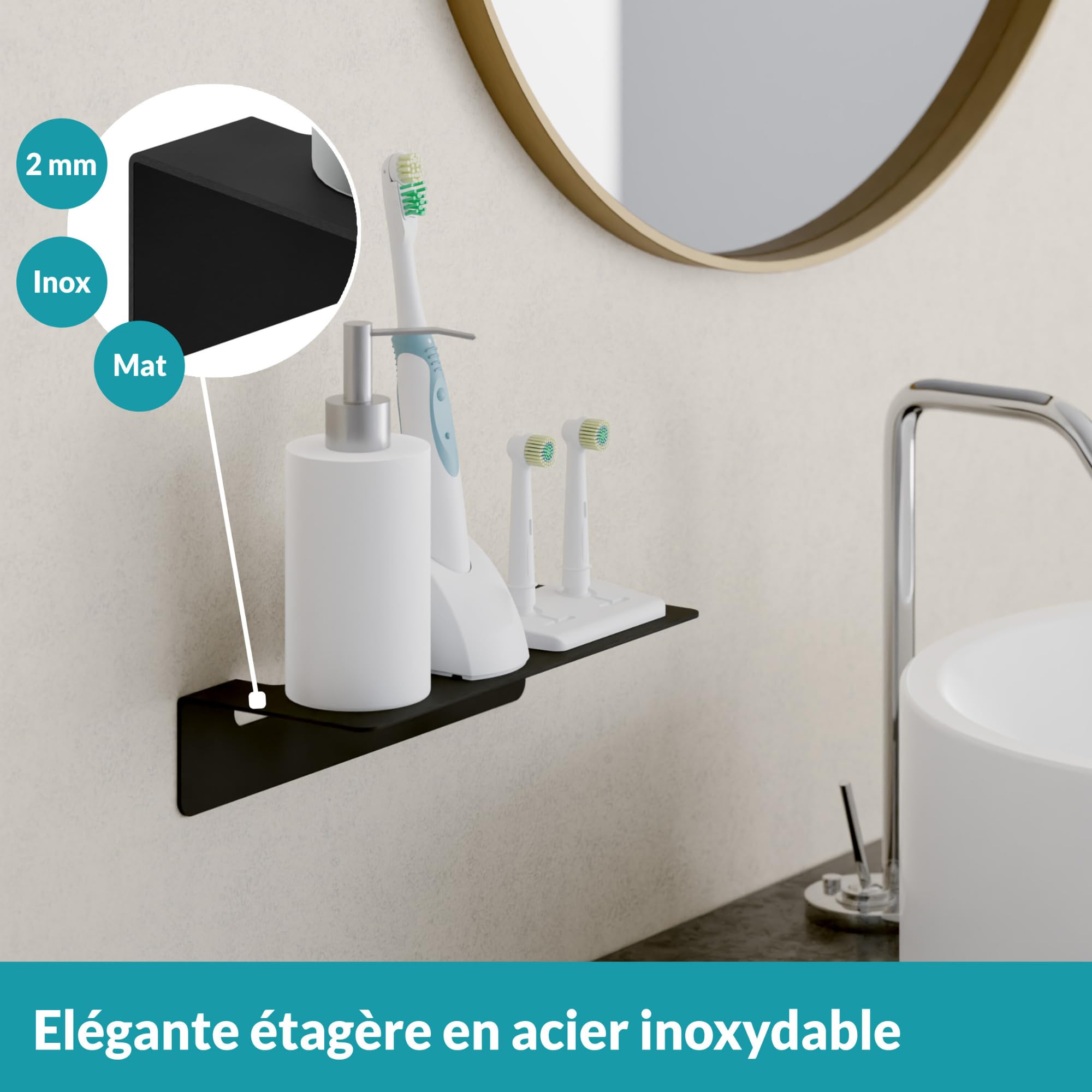 WEISSENSTEIN Tablette Murale Adhésive en INOX Noir 24 cm - Salle De Bains - Grande Étagère Autocollante - sans Trou Ni Percage