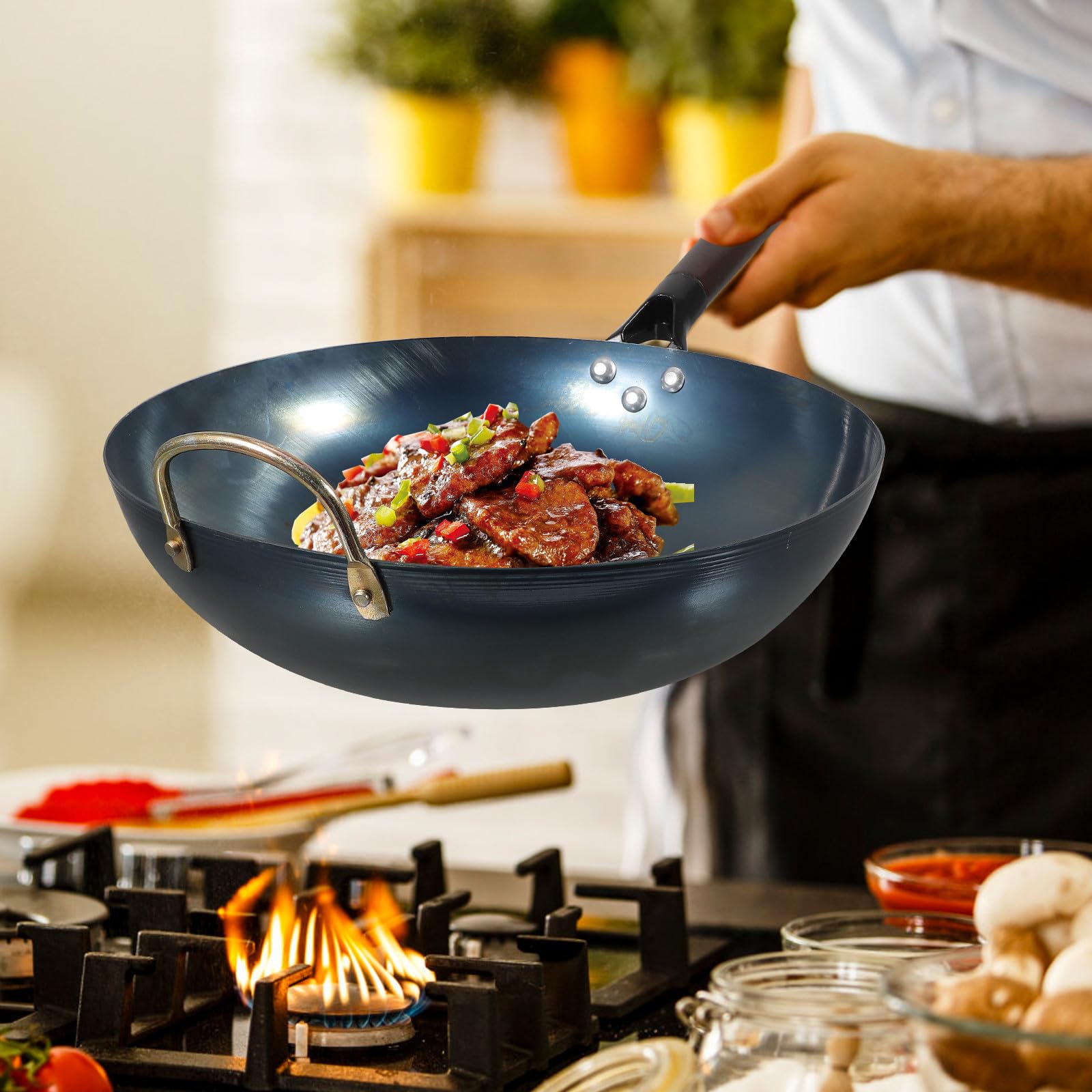 Wok Ferro Antiaderente Fondo Piatto, Padella Cucina Multiuso