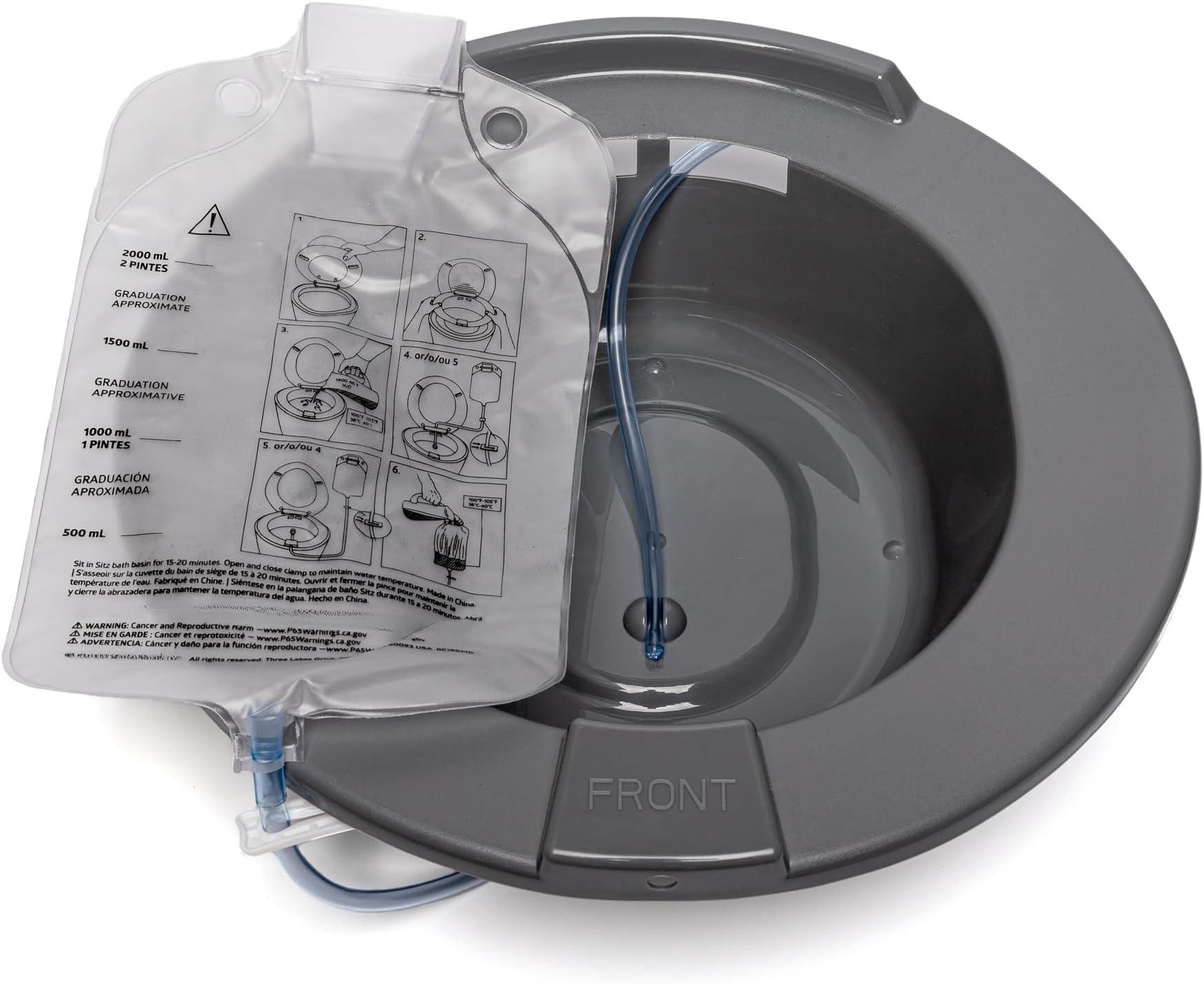 Sitz Bath with Graduated Solution Spray Bag for Soothing Hemorrhoids, Postpartum, Post Surgery - Comfortable Contoured Seat That Fits on Toilet with Graduated 2,000 ml Bag and Shut-Off Valve (1)