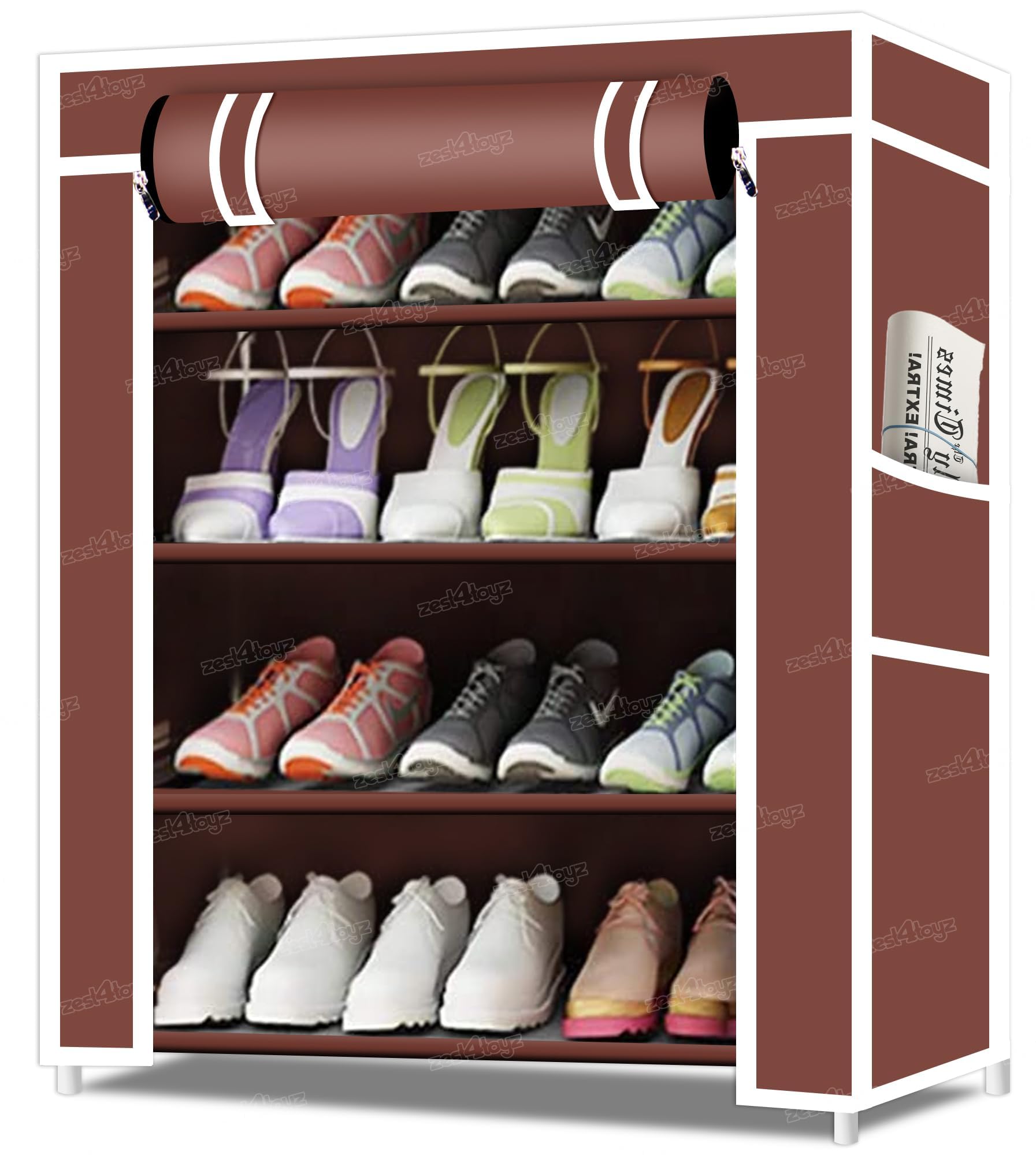 Zest 4 Toyz 4 Shelf Shoe Rack for Home with Zip Door Cover & Side Pockets Shoe Stand Multipurpose Storage Rack for Footwear Toys Clothes with Dustproof Cover (Brown)-image-8