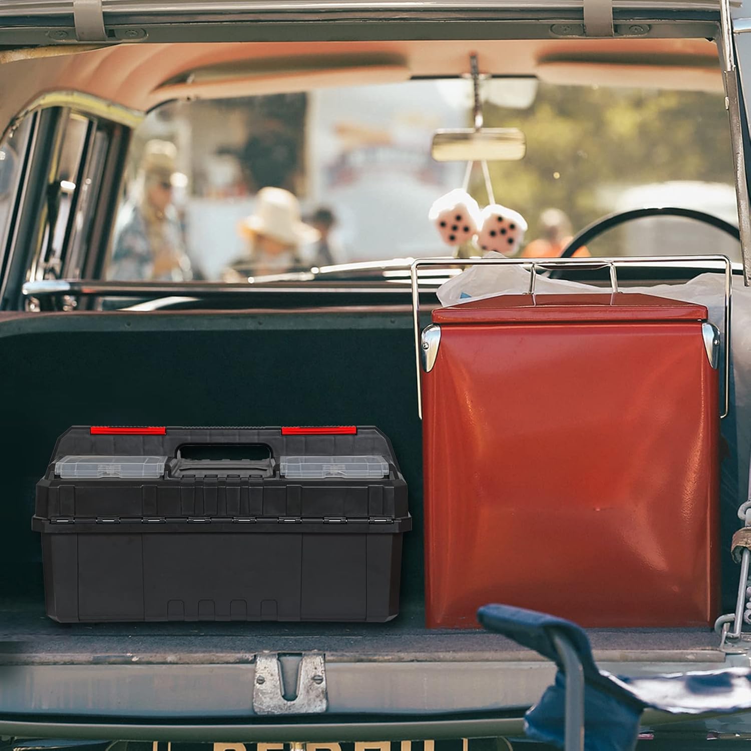 BIG RED AZ500R Torin Double Folding Multi-Function Portable Plastic Storage Tool Box with Removable Sheets, Organizer Tray and Clear Lid - Black/Red - - 