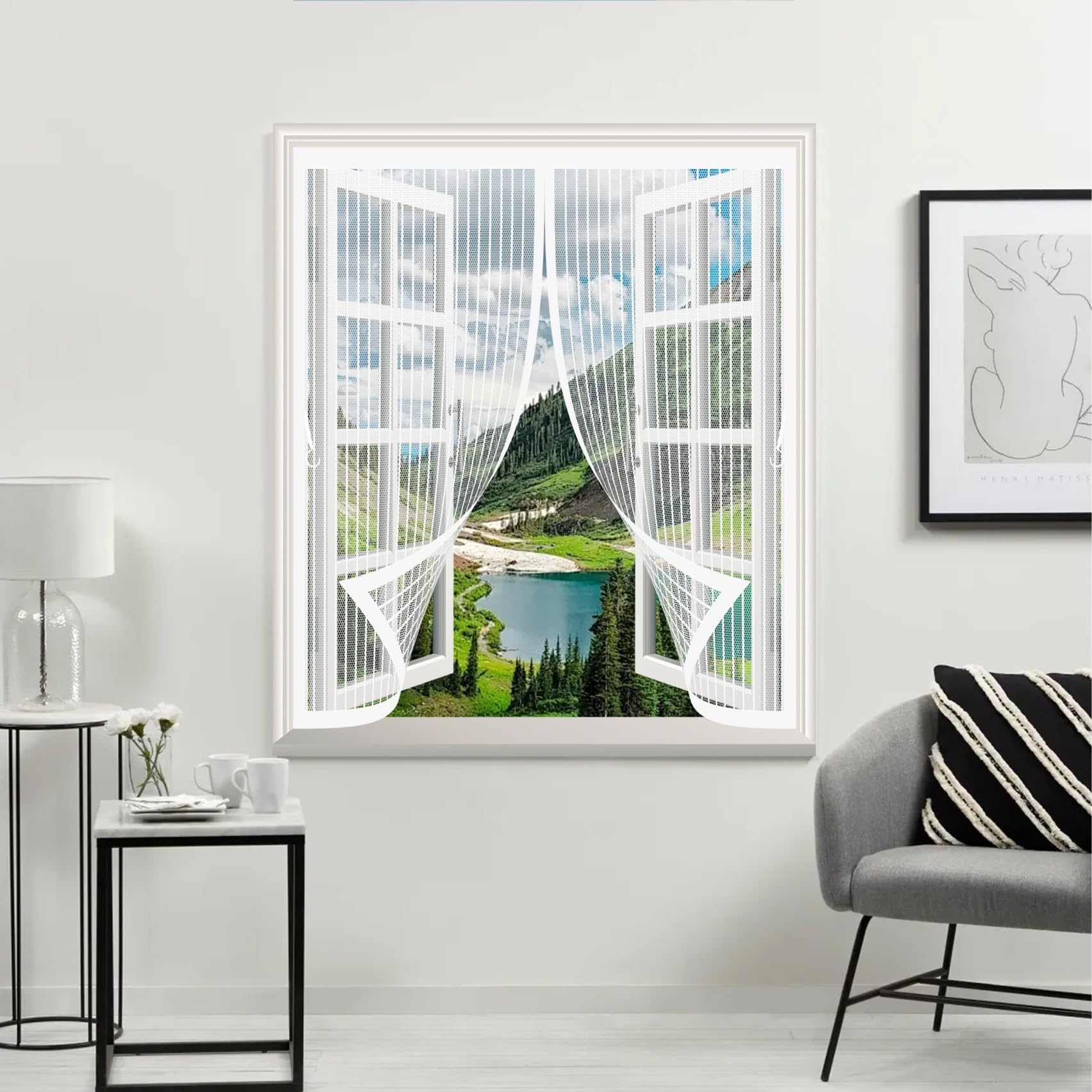 Xueqxue White Magnetic Curtain Screen 115 X 115 Cm With Powerful Magnets & Full Frame Magic Tape, Keep Bugs Out & Lets Fresh Air In Insect Protection Curtain For All Types Of Windows,