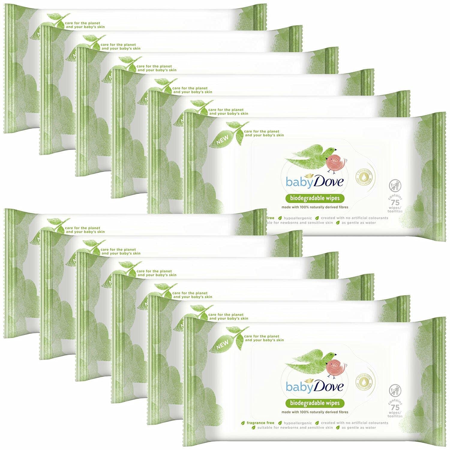 12 Pack of 75 Wipes, Baby Dove Biodegradable Fragrance Free Biodegradable Wipes