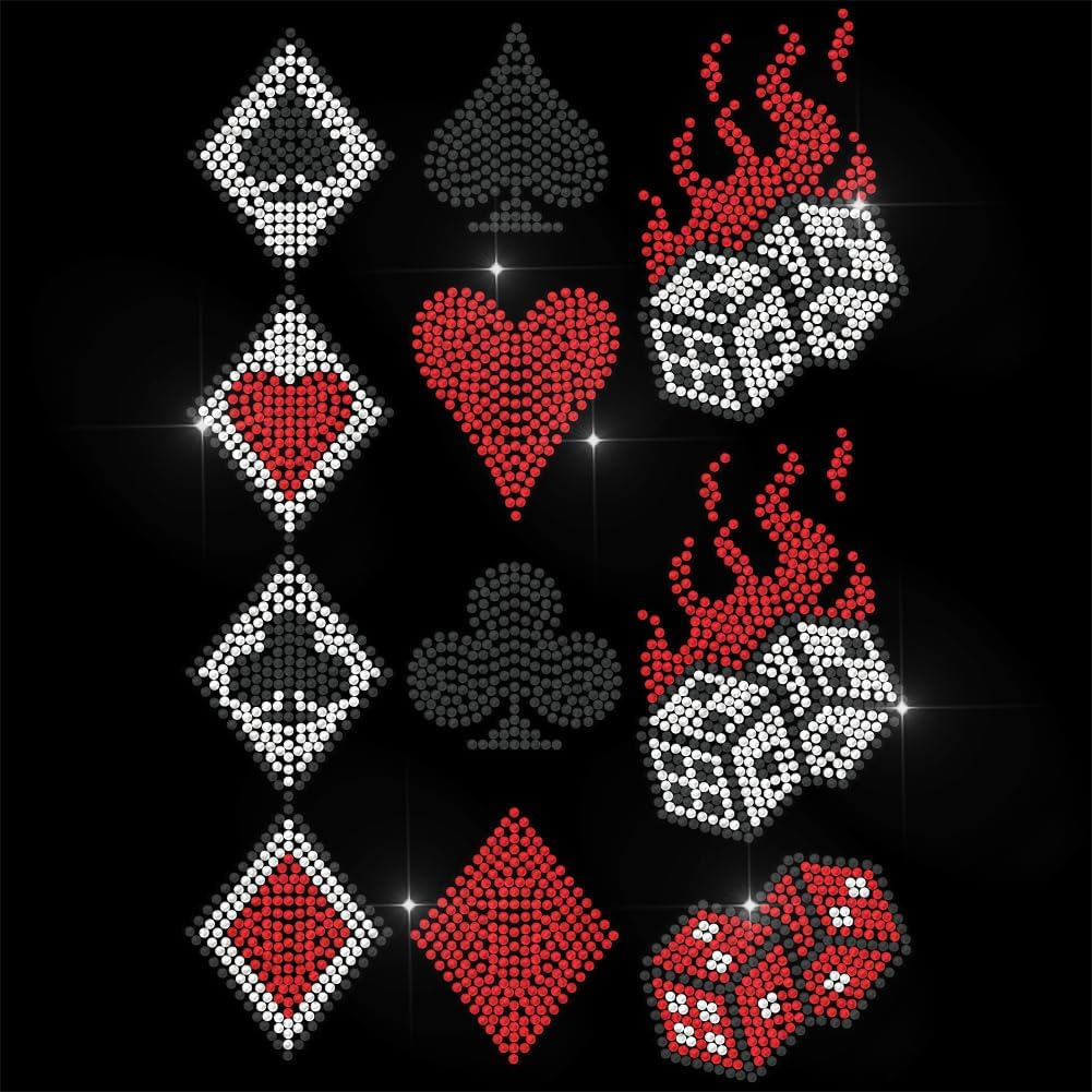 ANATTASOUL Red Rhinestone Iron on Transfer Poker Elements Bling Diamond Hotfix Patches for Clothes, 11.6"x8.2" Large Iron On Sequin Applique for Jeans Caps Bag T-Shirts Shoes DIY Decor