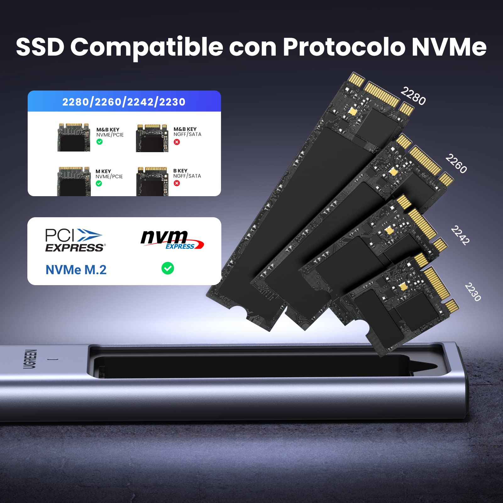 UGREEN Carcasa M.2 NVMe PCIe USB C 3.2 Gen 2, Caja Disco Duro M2 con UASP 10Gbps para SSD M.2 M/M&B Key 2280/2242/2230/2260 Compatible con 970 EVO Plus Crucial P1