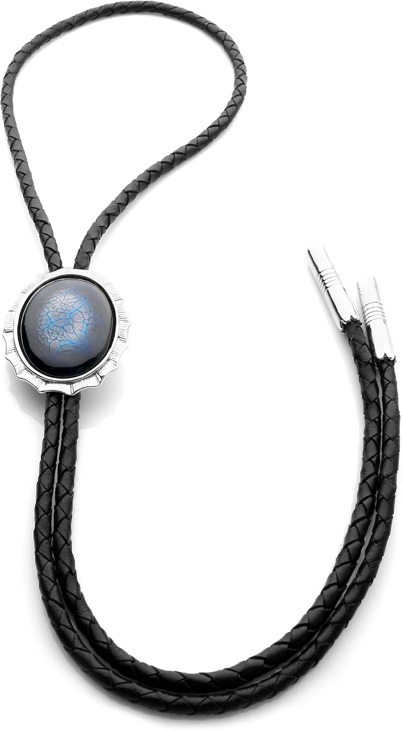 andy 085 Bolo Tie Blue Leopard Cloisonné & Genuine Nappa Leather Strap