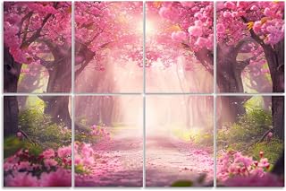 8 Pack Art Acoustic Panels Sound Absorbing Road Forest Tree Pictures Bedroom Cherry Blossom Trees Pathway Soft Decorative Soundproof Wall Panels Self Adhesive for Recording Studios Office 48"x32"