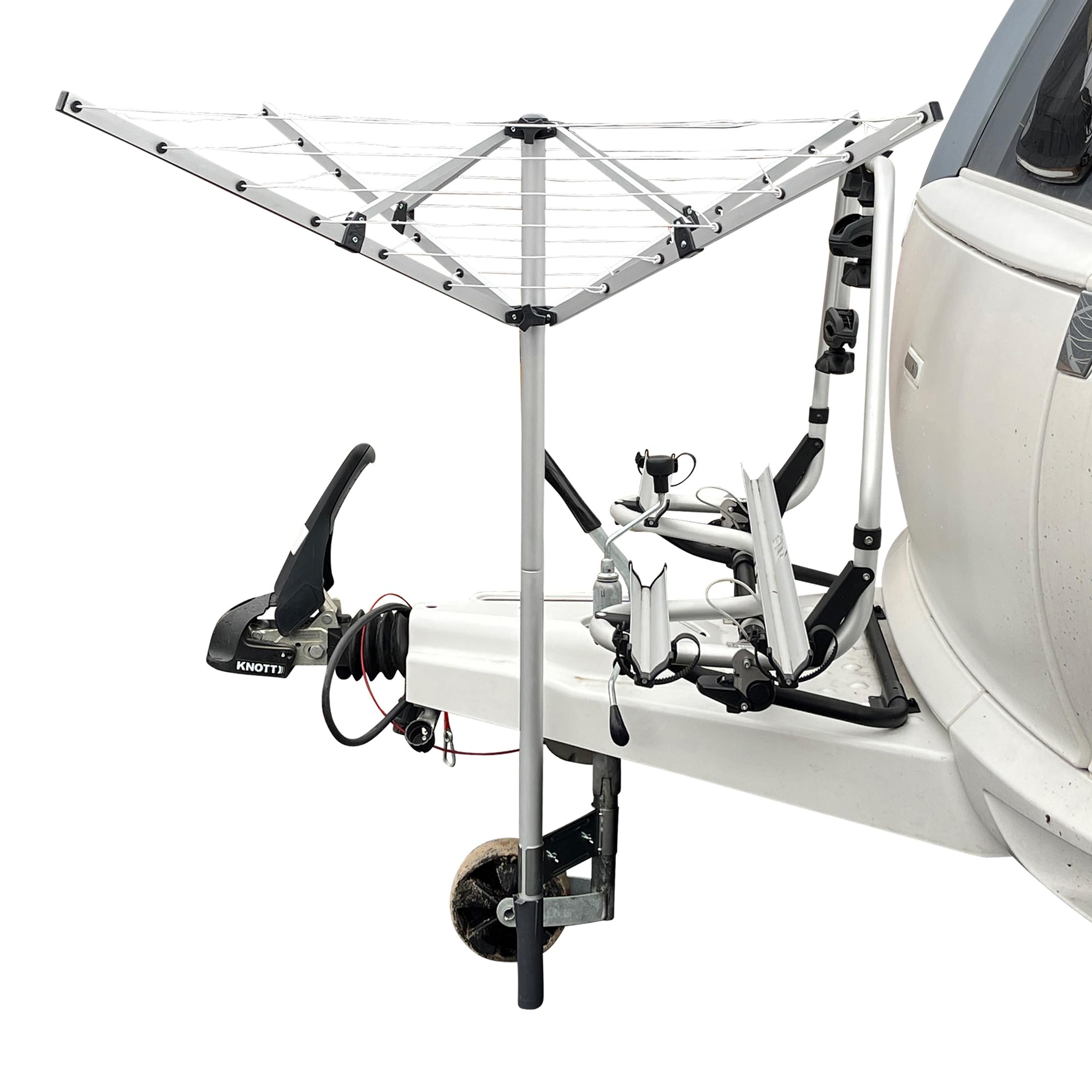your GEAR Siena - Alu Wäschespinne für Caravan Camping Balkon Garten - Mobiler Wäscheständer mit 15m UV-beständiger Leine - Wetterfest und Platzsparend - mit Stützrad-Halterung, Standfuß, Bodenhülse