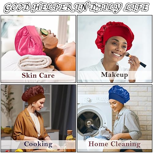 Miniatura 9 de 4 gorros de satén de seda, gorro de pelo para dormir, banda ancha elástica de seda, suave y transpirable para dormir (negro, morado, rosa, azul),