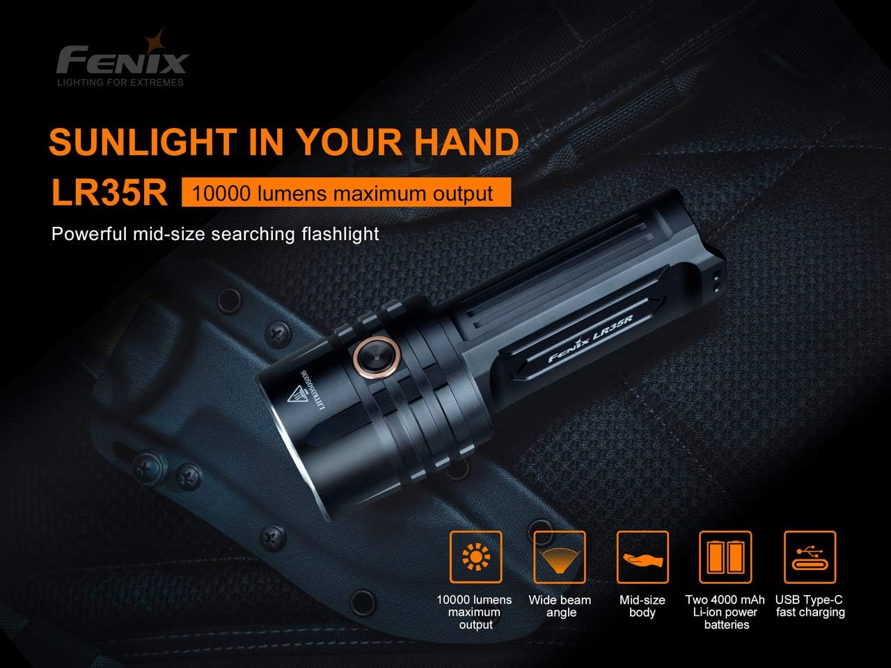 EdisonBright Fenix LR35R 10,000 Lumen LED Rechargeable Tactical Flashlight, All 01 Lanyard with 2 X Fenix Li-ion Rechargeable Batteries Battery Carrying case Bundle