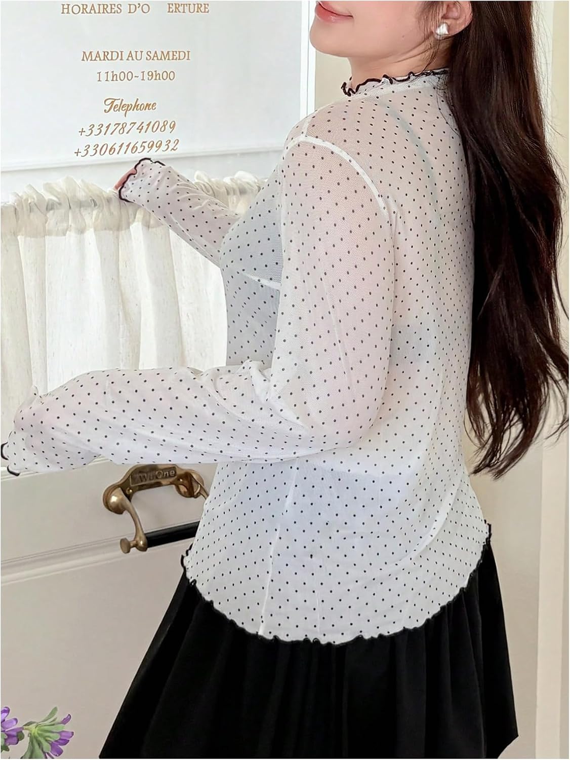 GORGLITTER Women's Plus Size Polka Dots Sheer Mesh Top Dressy See Through Long Sleeve Party Layering T Shirts