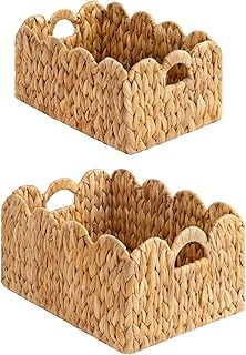 StorageWorks Scalloped Edge Wicker Basket, Hand-woven Rattan Baskets wit...