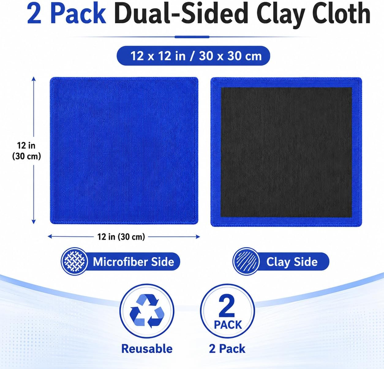 2-Pack 12 x 12 in Clay Towels for Car Detailing, Dual-Sided Microfiber Clay Bar Alternative for Paint, Glass and Smooth Trim