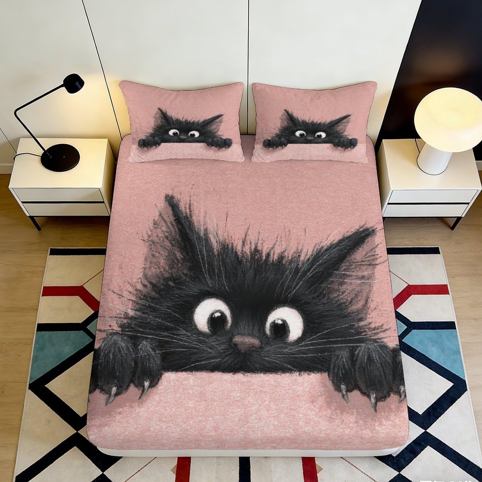 3D Printed Black Cat Cartoon Fitted Sheet Microfiber Anti-Slip Mattress Cover for Bedroom Dorm Decor Pink 200x200x25cm