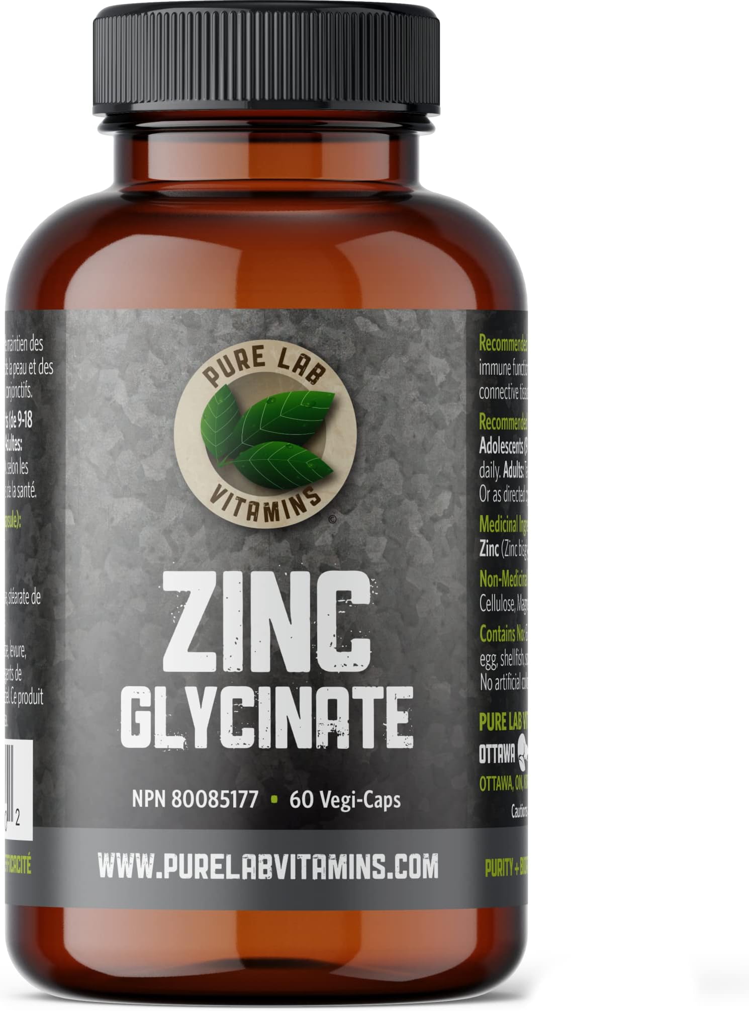 Zinc Glycinate 23 mg Supplement - 60 Vegan Caps by Pure Lab Vitamins - Amino Acid Salt for Healthy Skin & Nails - Supports the Immune System, Prostate, Vision - Made in Canada