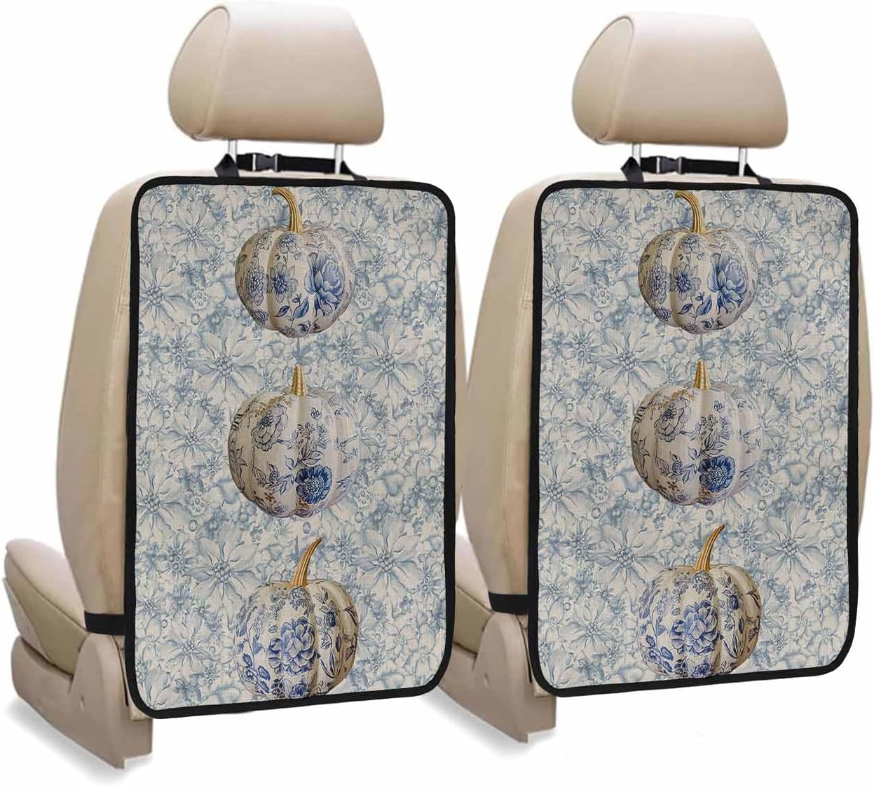 Car Seat Protector, 2 Pack Kick Mats Back Seat Protector Fall Thanksgiving Pumpkin with Blue and White Porcelain Floral Waterproof Backseat Cover for Kids Universal Fit Automotive Interior Protectors