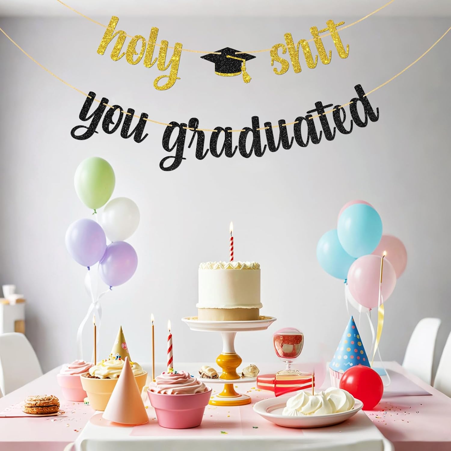 Holy Shit You Graduated Banner/Congrats Grad/You Did It Party Decor/Graduation Activities/Funny Graduation Party Decorations - Gold Black Glitter - Image 7