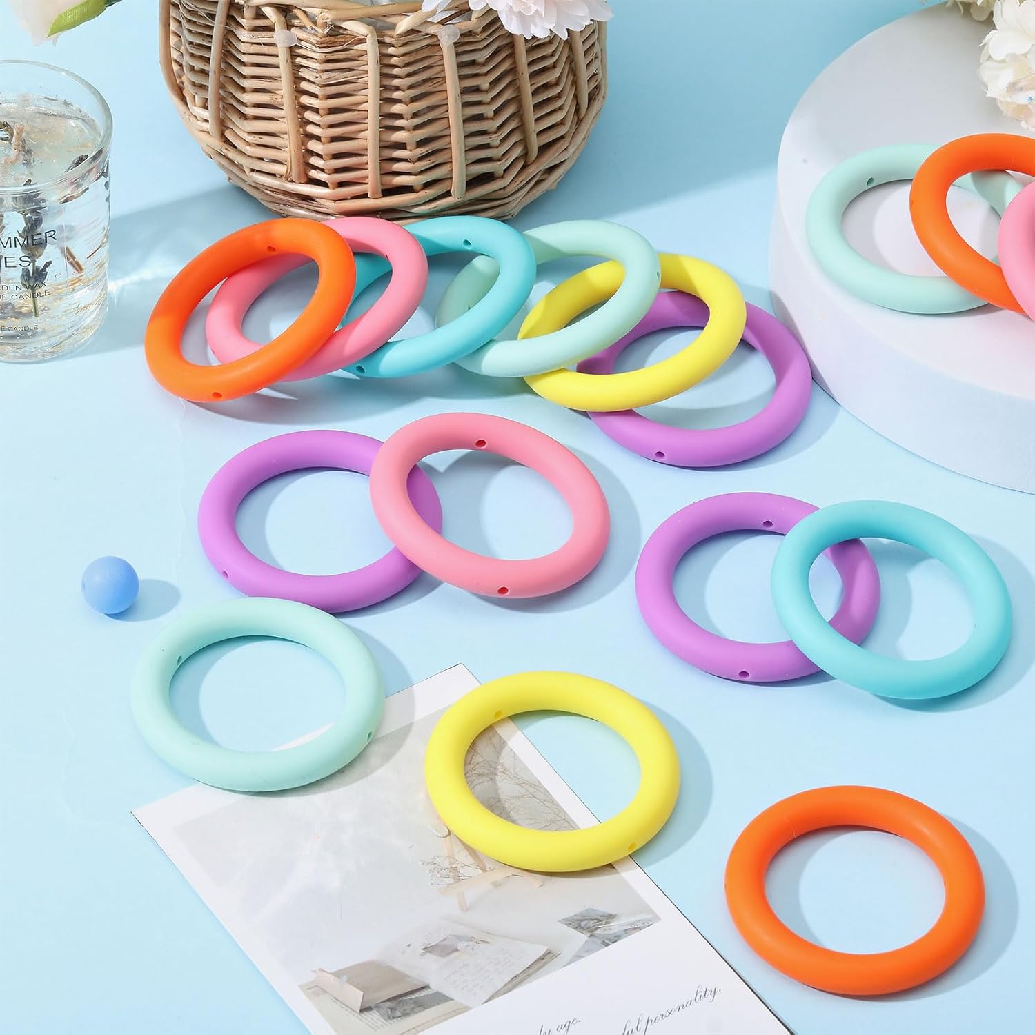 18Pcs Easter Silicone Beadable O Rings 65mm Round Loop with 2 Hole Candy Color Silicone Focal Beads Rings for DIY Keychain Bracelet Necklace Hanging Jewelry Making
