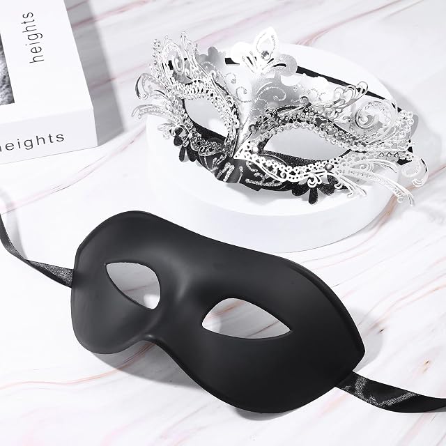 Foto 2 de 7 de JewelryWe Máscaras Mascarada Disfraces Parejas: Venecia Máscara Negro Plata de Metal Plástico Fiesta…