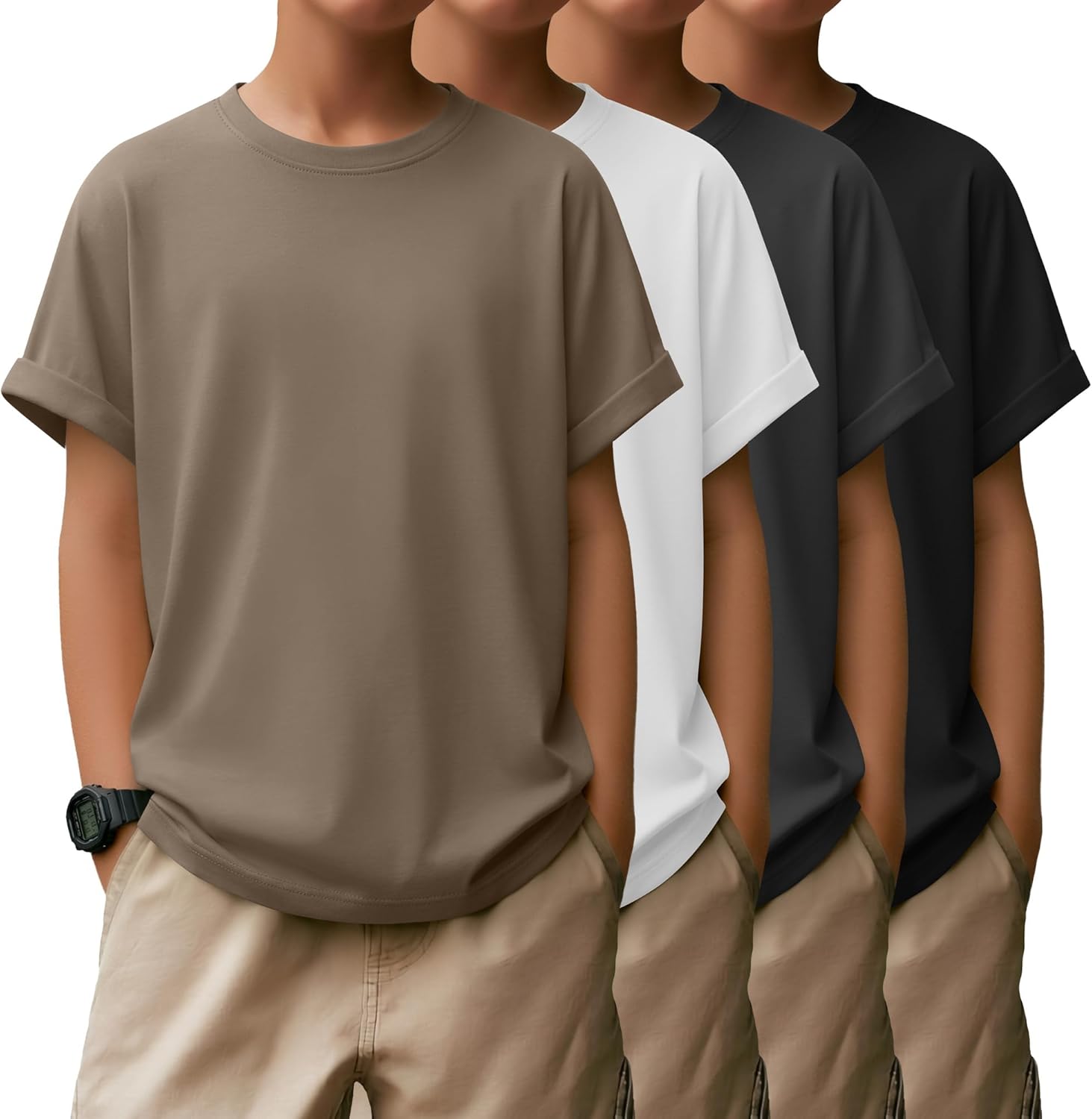 4 Pack Boys Short Sleeve Shirts Crewneck Kids Loose Fit Basic Casual Youth Soft Solid Plain Tees