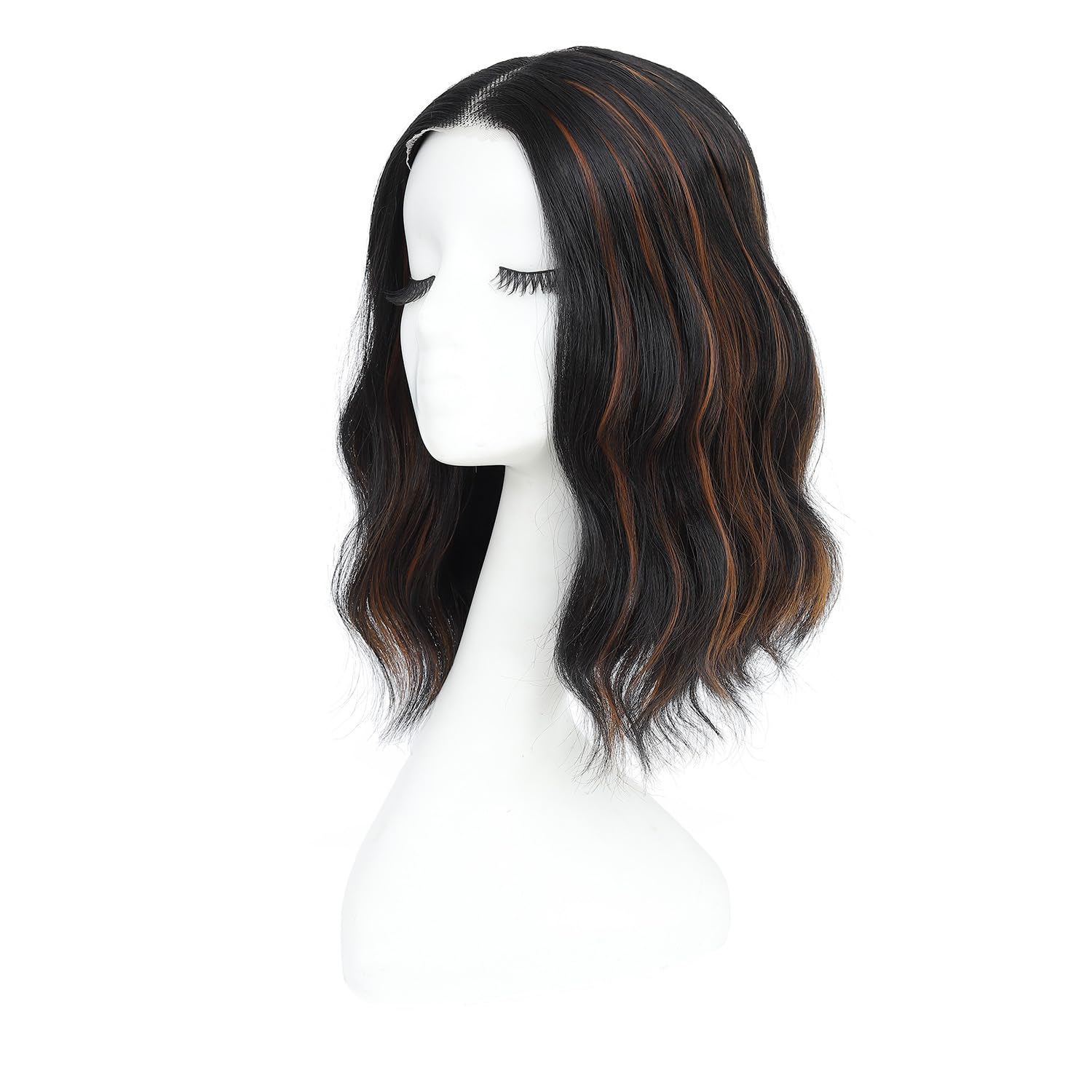Short Wavy Black Mixed Brown Wig for Women, Lace Hairline Middle Part Bob Style Heat Resistant Synthetic Wigs Natural Looking for Daily Party 14 Inch
