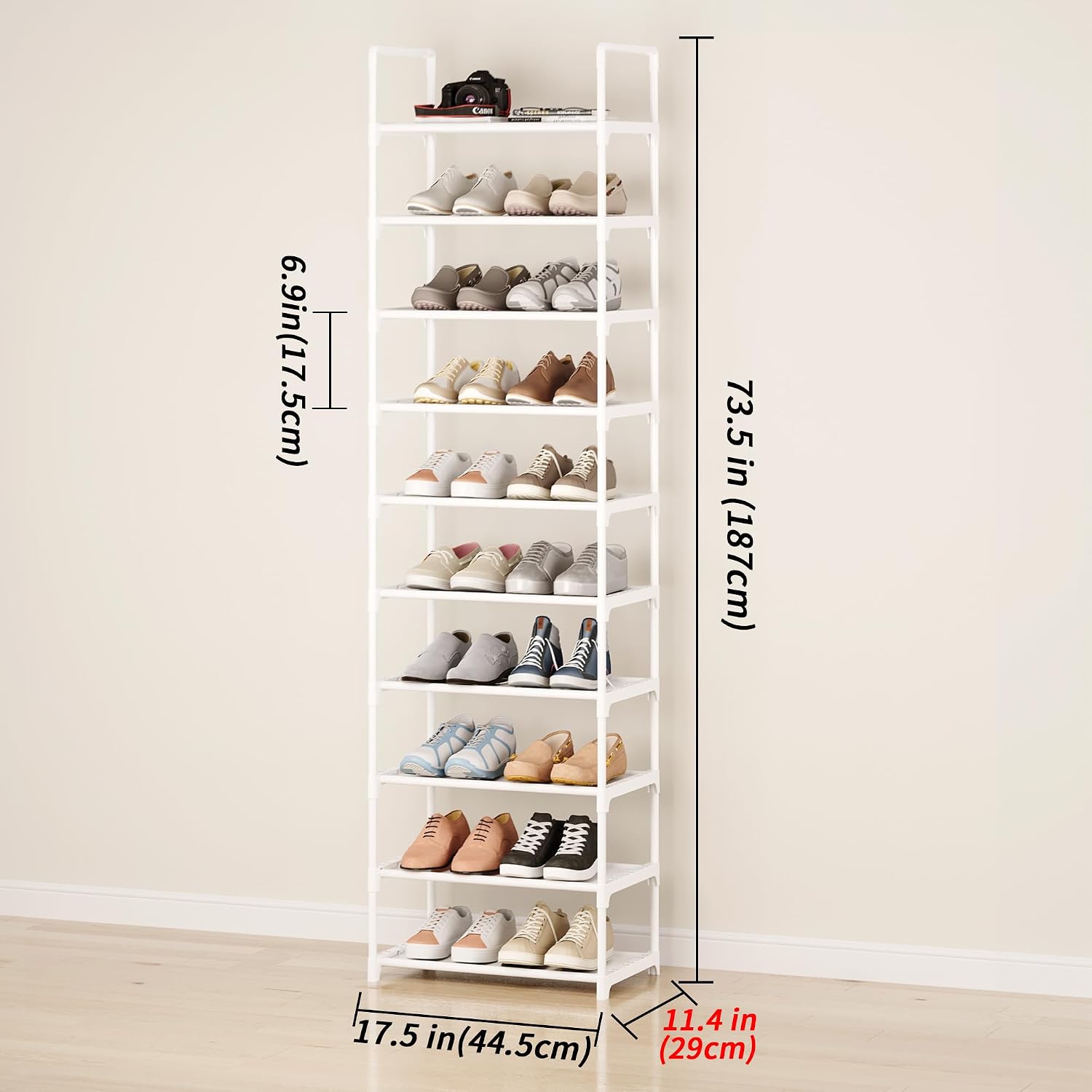 10-Tier Large Capacity Shoe Rack, Sturdy Narrow Shoe Stand for Entryway, Closet, Hallway, 20-25 Pairs Waterproof Dustproof Shoe Storage, Space Saving Tall Shoe Tower(White) image 2