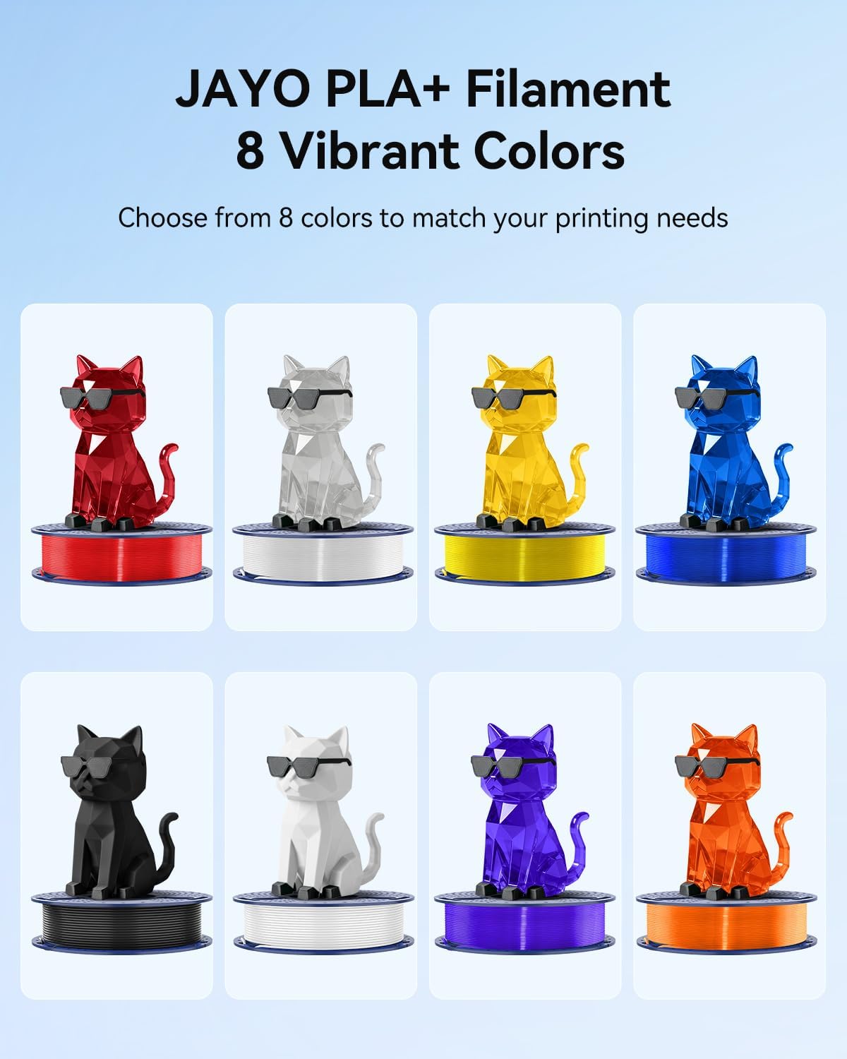 JAYO PLA+ Filament Bundle 1.75mm, 3D Printer Filament Bundle Multicolor, Individually Vacuum Packed, 250g Spool, 8 Pack, 2KG in Total, Black+White+Transparent+Clear(Blue+Red+Orange+Yellow+Purple)