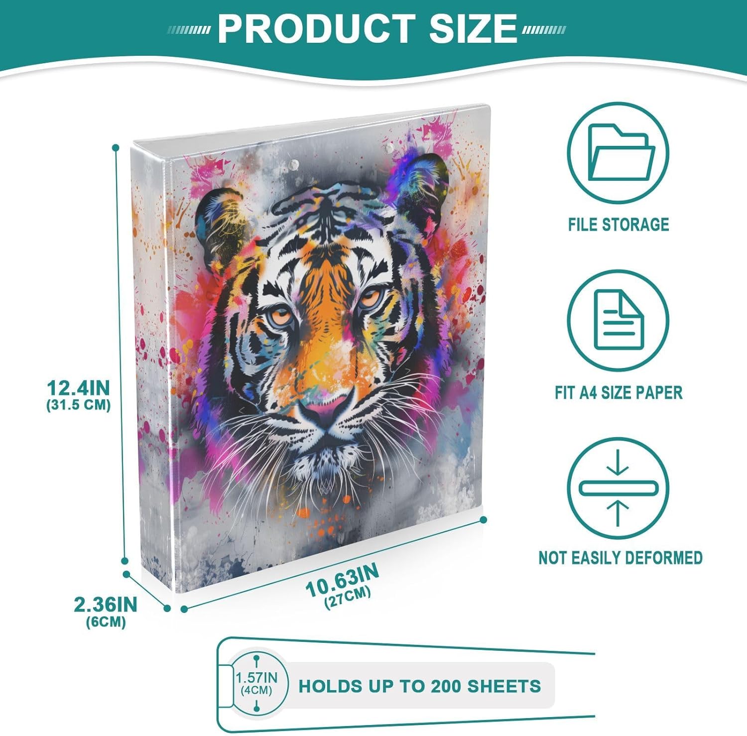 3 Ring Binder 1.5 Inch Tiger Three Ring Binder Cute Binder with 3 Storage Pockets for Women School Office Supplies, E01W24021