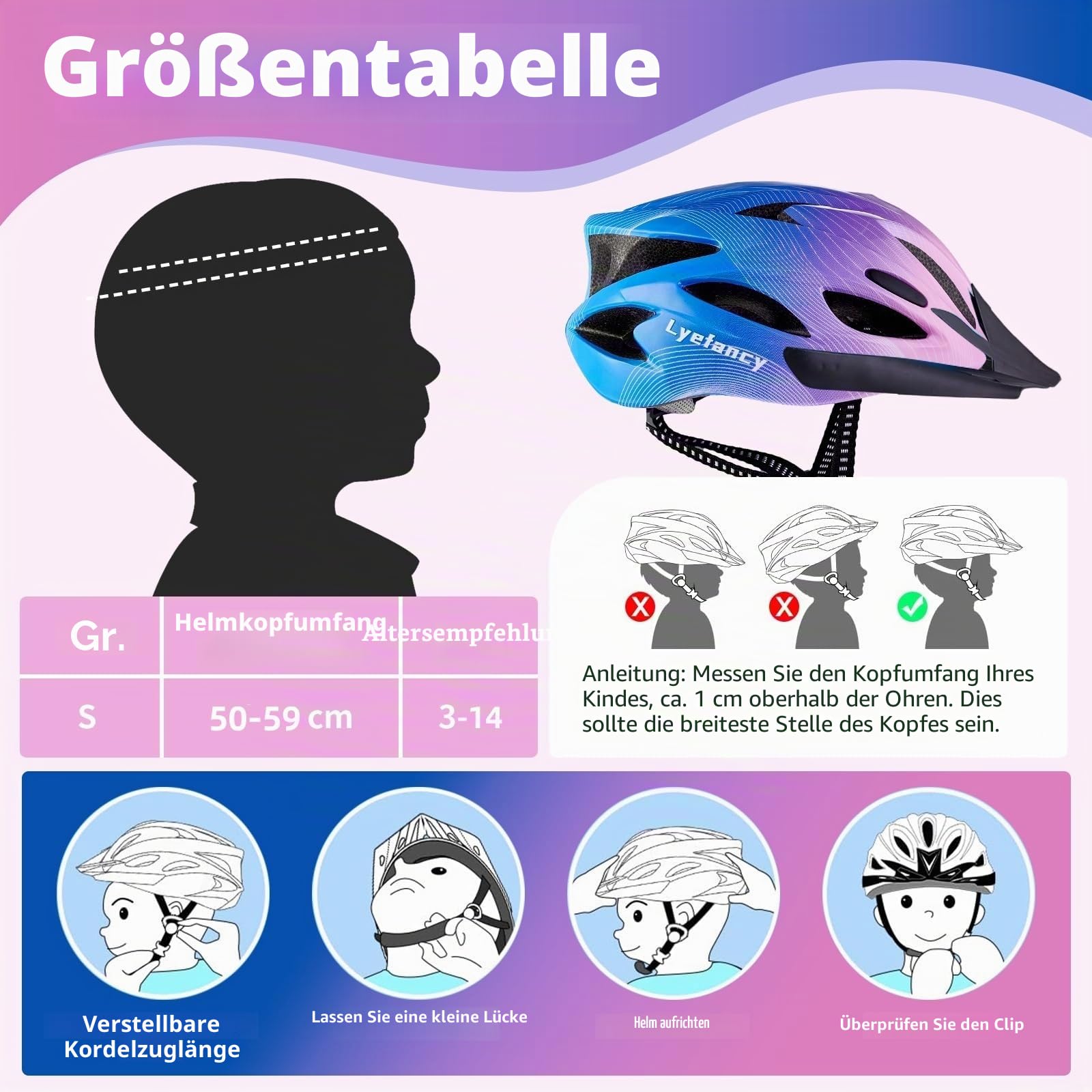 Kinder-Fahrradhelm, Kinderhelm für 3–14 Jahre, Jungen, Mädchen, verstellbarer Helm 50–59 cm, für Fahrrad, Roller, Skaten, Radfahren, mit Visier
