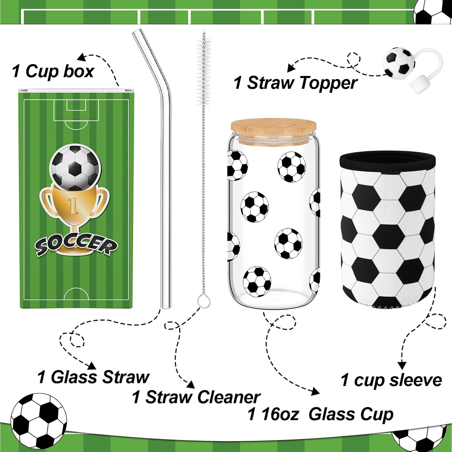 Soccer Lover Gifts, 16 oz Glass Iced Coffee Cup with Straw Stopper and Mug Sleeve, Sport Glasses Cup Gifts Box for Women Man Sport Lovers - Image 2