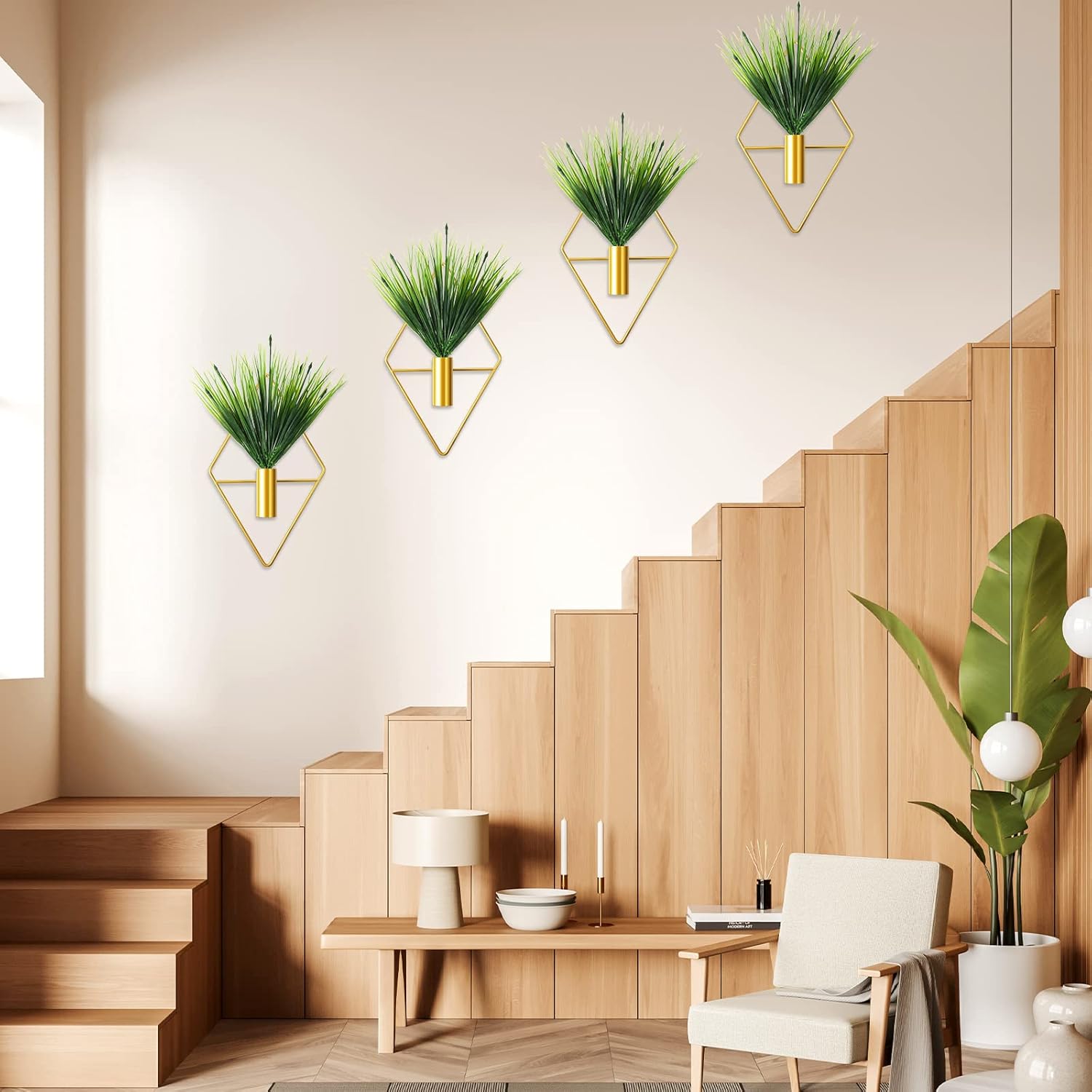 Jexine 4 Pcs Plant Wall Decor Diamond Shape Hanging Planters with Artificial Plants Geometric Metal Hanging Vase Indoor Wall Decor for Living Room Bathroom Home(Green,Aquatic Grass)