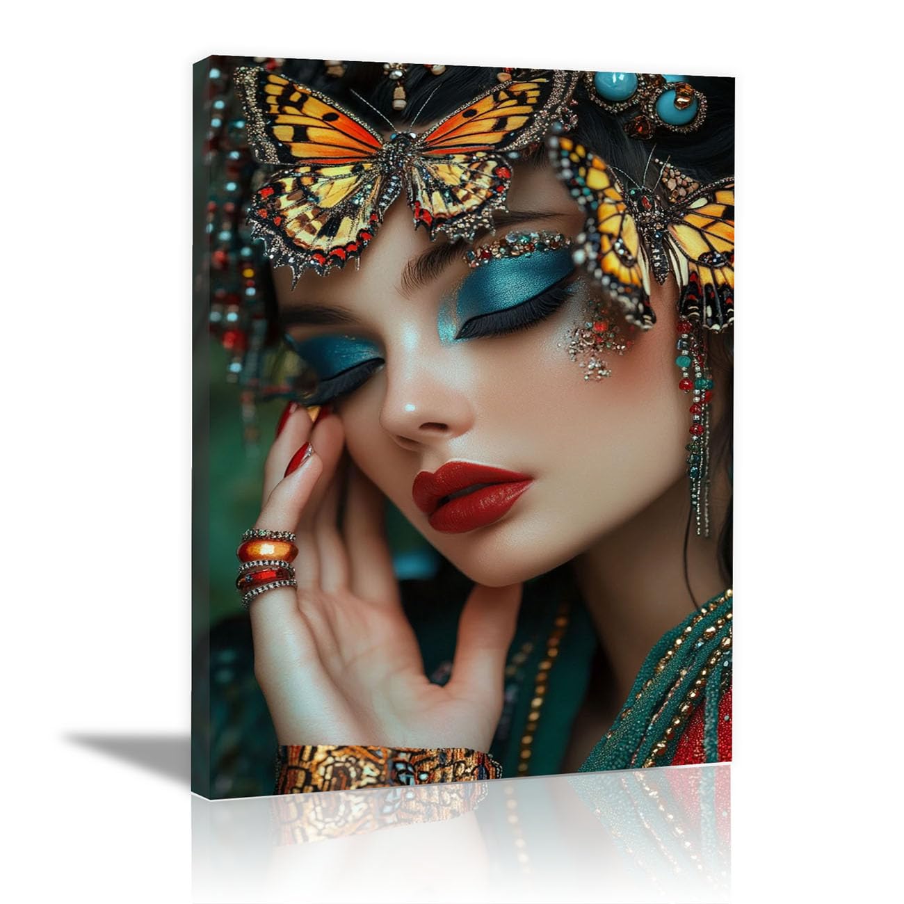 QUSAAOU Fashion Canvas Wall Lady Butterfly Ornaments Glam Portrait Living Room Bedroom African American Woman Wall Decor Art Wall For Home Afro Woman Poster And Prints(green)-30x45cm1 Framed