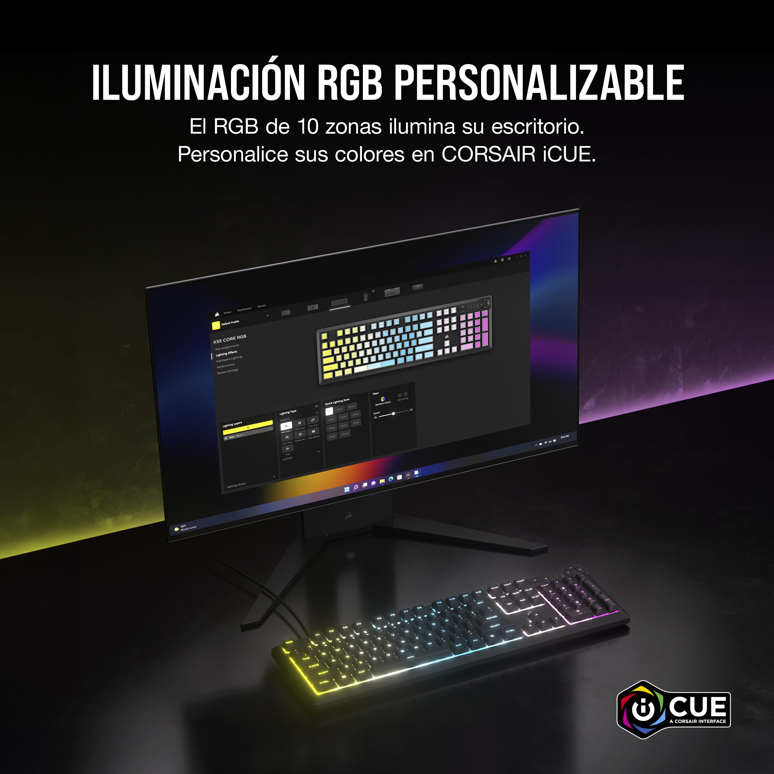 Corsair K55 Core RGB Teclado de Membrana con Cable para Juegos – QWERTY español – Interruptores Silenciosos y Sensibles – Resistente a Salpicaduras – RGB de Diez Zonas – PC, Mac –Negro