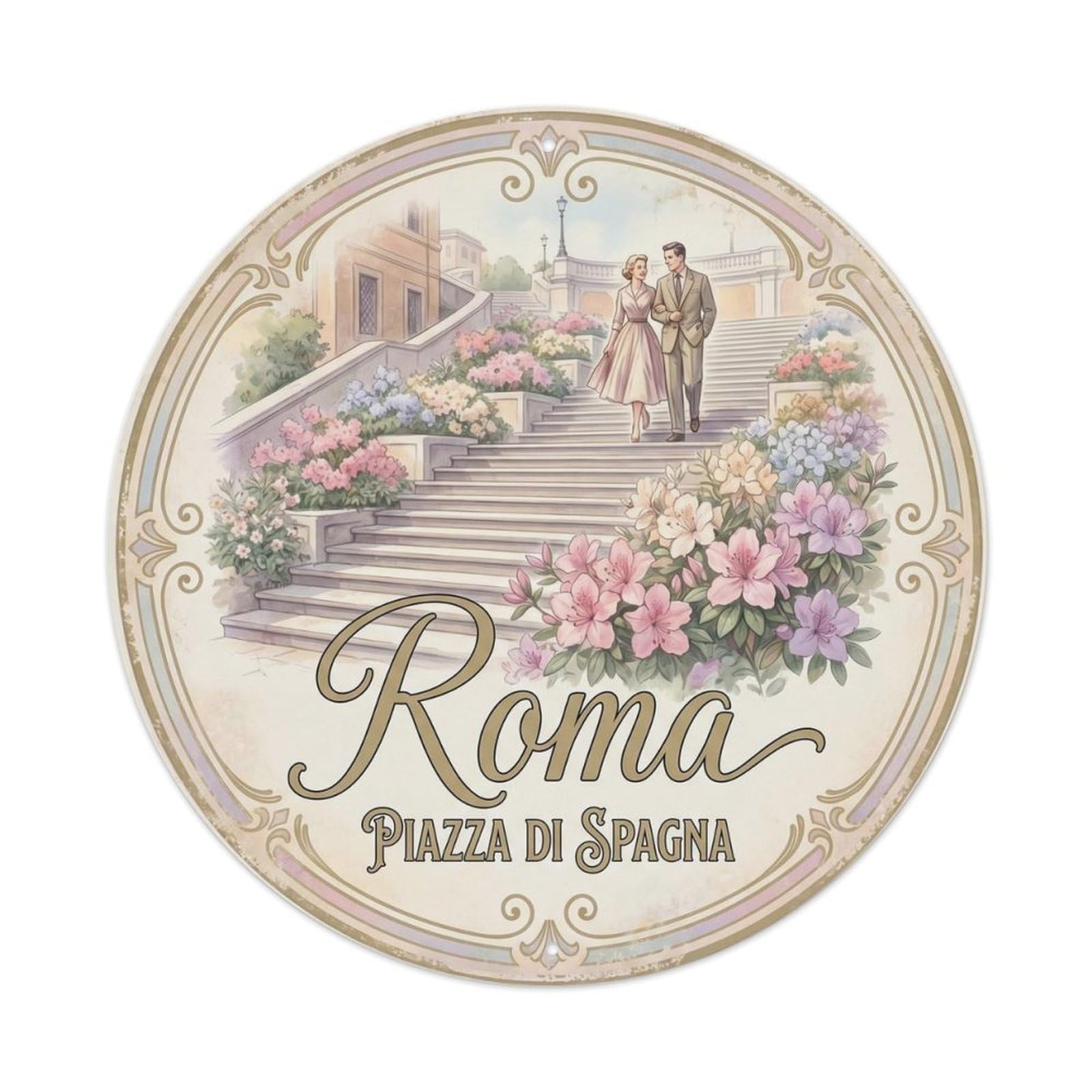 Italy Rome Landmark Piazza Di Spagna City Europe Classic Metal Tin Sign Plaque Wall Decor for Cafe, Man Cave, Club Bar, Office, Home Garden Round Metal Poster 8x8Inch