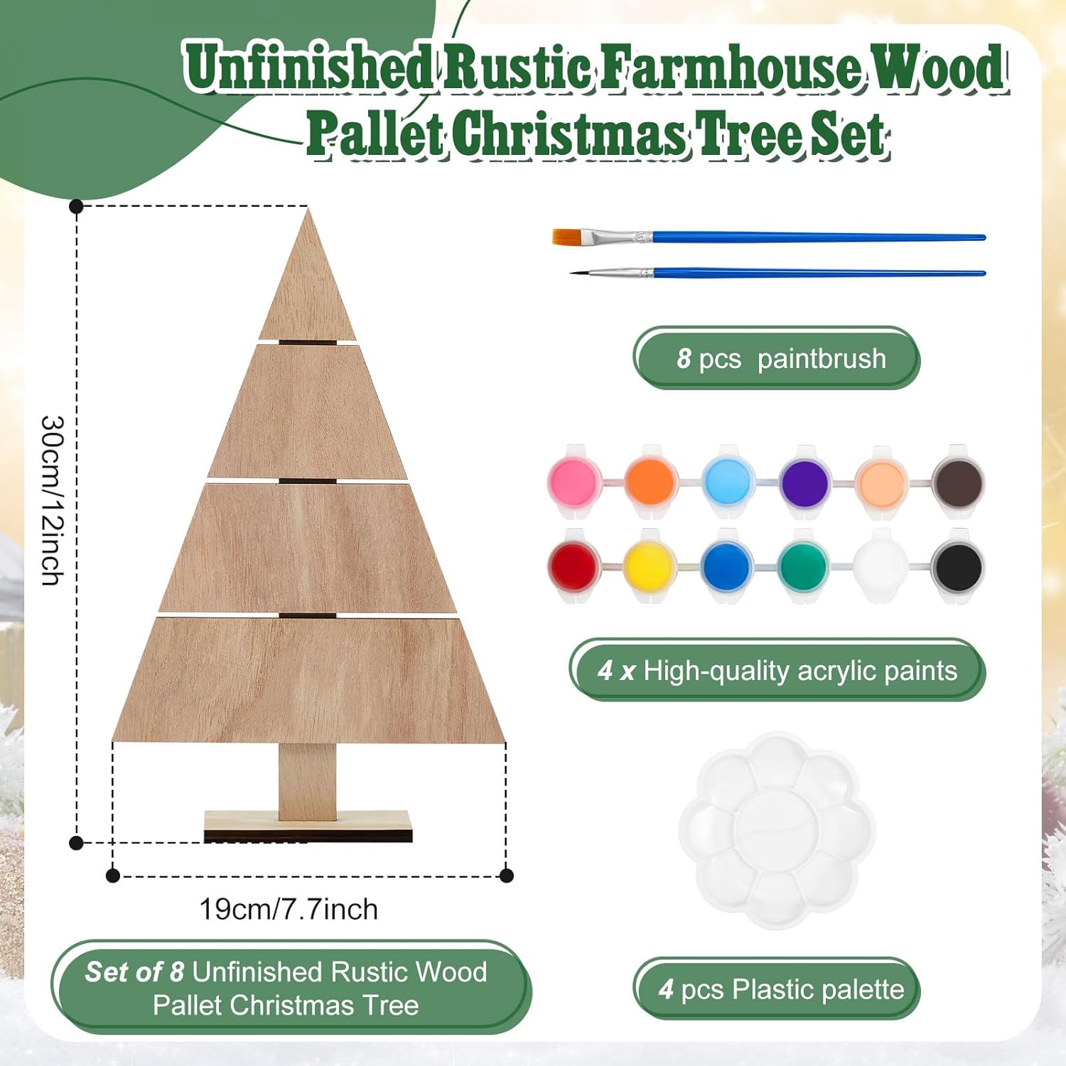 Soaoo 8 Pcs Christmas Standing Wood Pallet 11.81" x 7.48" Christmas Tree Unfinished DIY Wooden Ornaments Kit Rustic Wooden Crafts 12 Colors Pigment Palettes and Paint Brushes