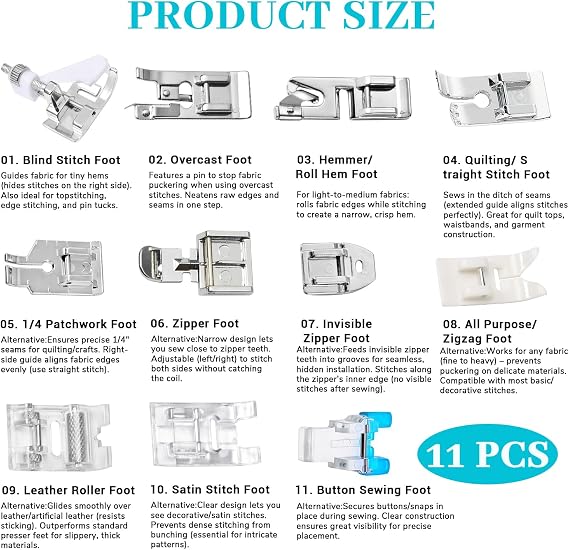 11 Pcs Presser Feet, Sewing Machine Presser Foot Set Walking Foot for Sewing Machine & Zipper Practical Accessories for Low Shank Household Machines