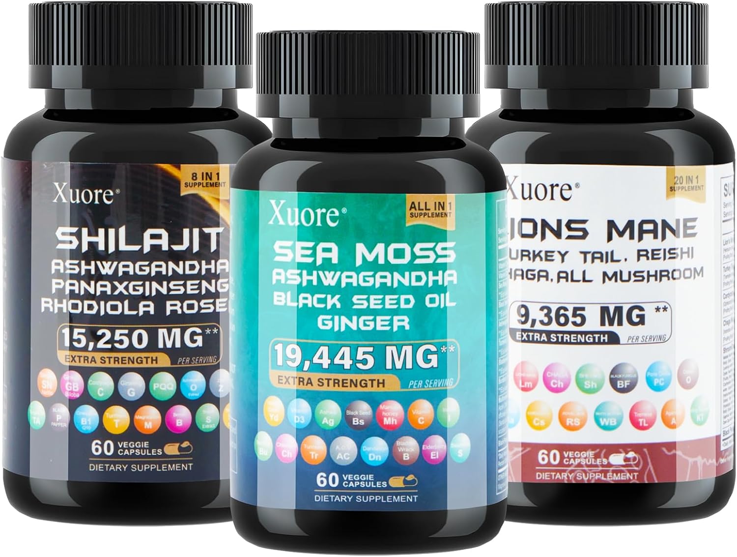 Bundle of Shilajit, Sea Moss, Lions Mane Black Seed Oil, Ashwagandha, Ginger & Rhodiola Rosea, Panax Ginseng Turkey Tail, Reishi, Cordyceps, Chaga All in one Supplements (1 Pack)