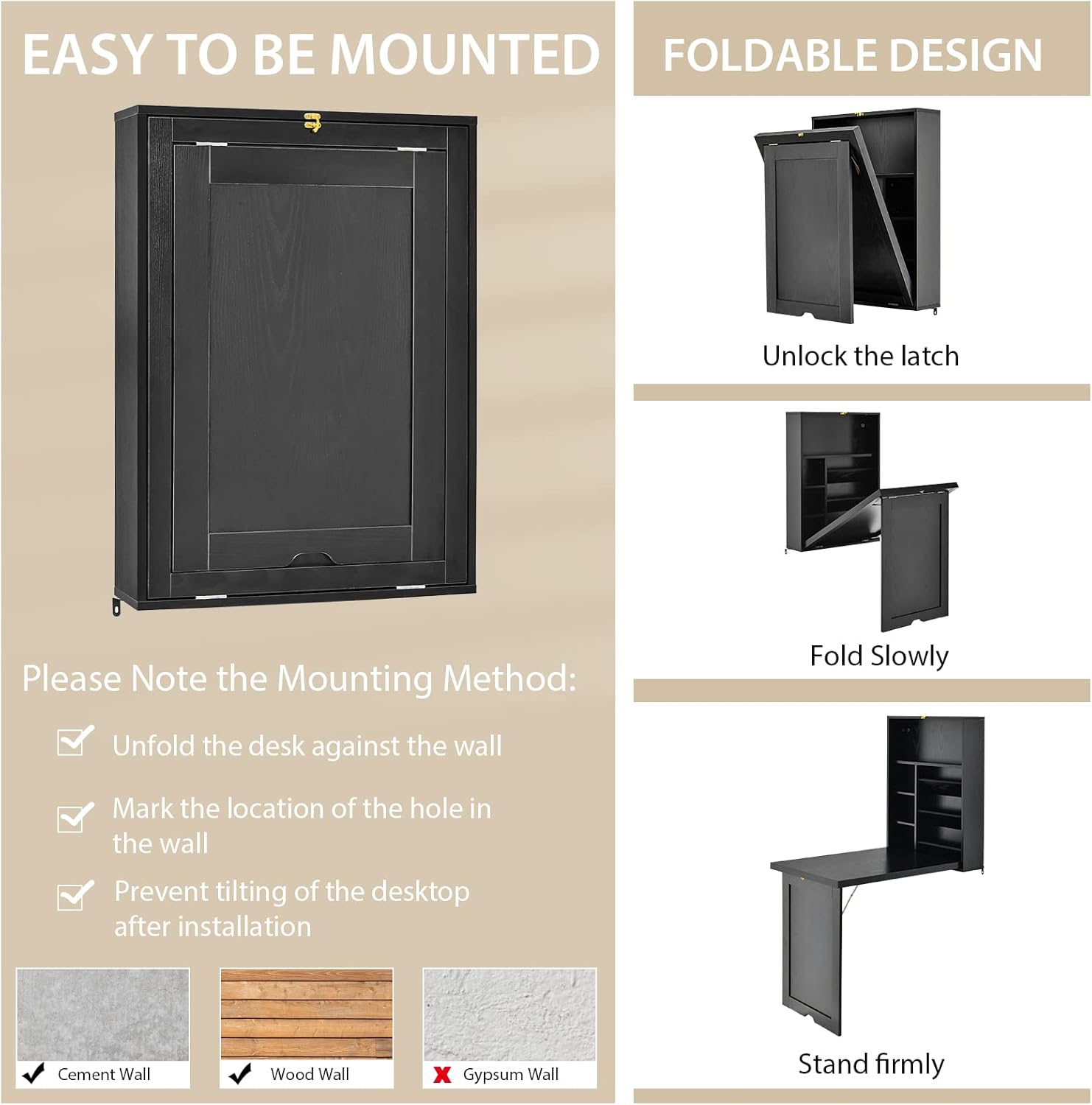 Folding Wall Mounted Desk, Fold Down Table with Storage Shelves, Wood Convertible Floating Table for Small Spaces, Murphy Desk Wall Mount for Home Office (Black)