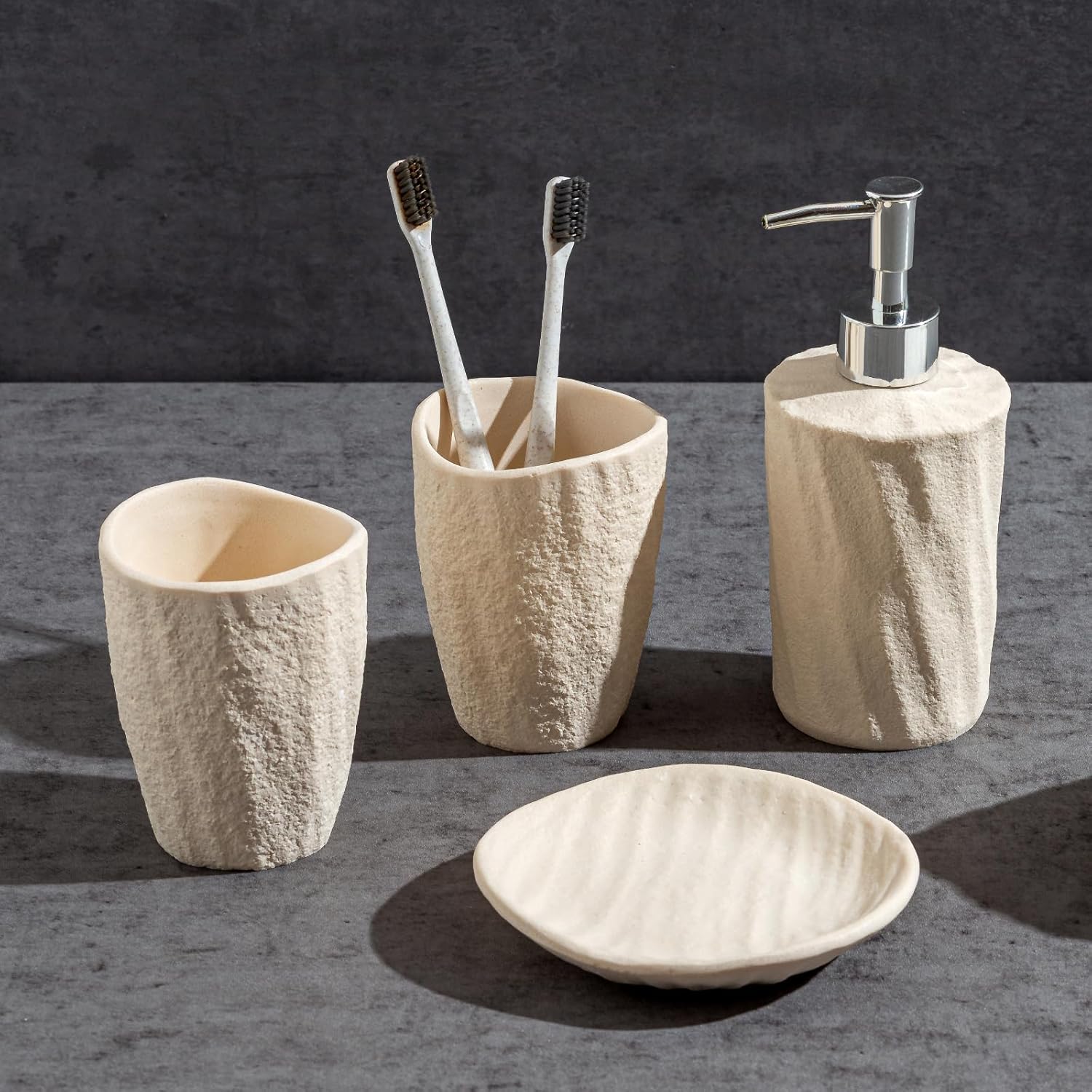 Bathroom Accessories Set, 4 PCS Modern Stone Look Bathroom Accessory Set with Hand Soap Dispenser 11.5 OZ, Tumblers, Toothbrush Holder, Bar Soap Dish Holder Saver (Yellow)