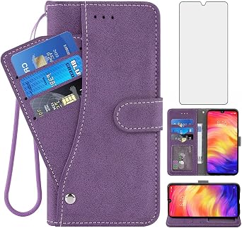 Asuwish Compatible with Xiaomi Redmi Note 7/7Pro Wallet Case and Tempered Glass Screen Protector Flip Cover Credit Card Holder Stand Cell Accessories Phone Case for Redme Note7 Pro 7s Women Men Purple
