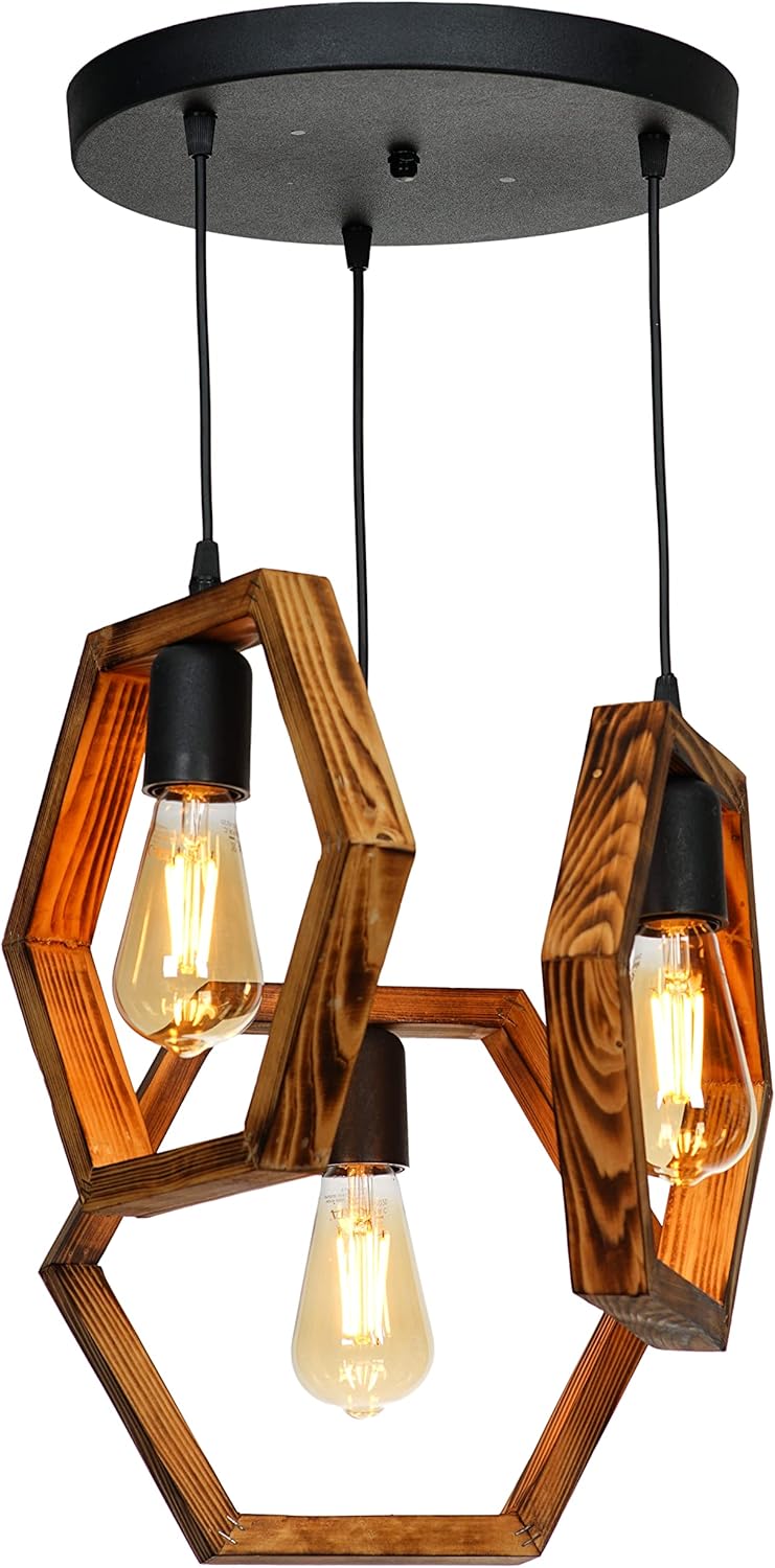 Lakshmi Gusto 3Light Farmhouse Wood Chandelier,Vintage Hexagon Wooden