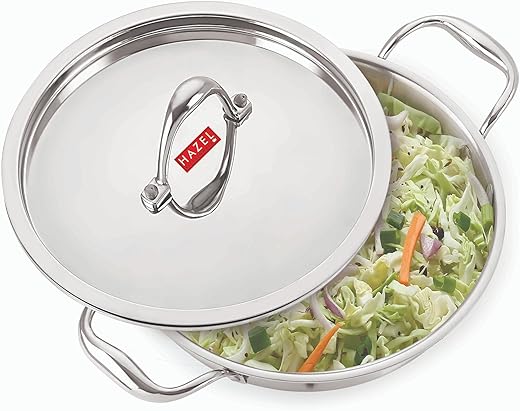 HAZEL Triply Kadhai with Lid | Induction Base 5.8 Litre Stainless Steel Kadahi | Induction Kadai with Lid | Deep Frying & Curry Wok Kadai