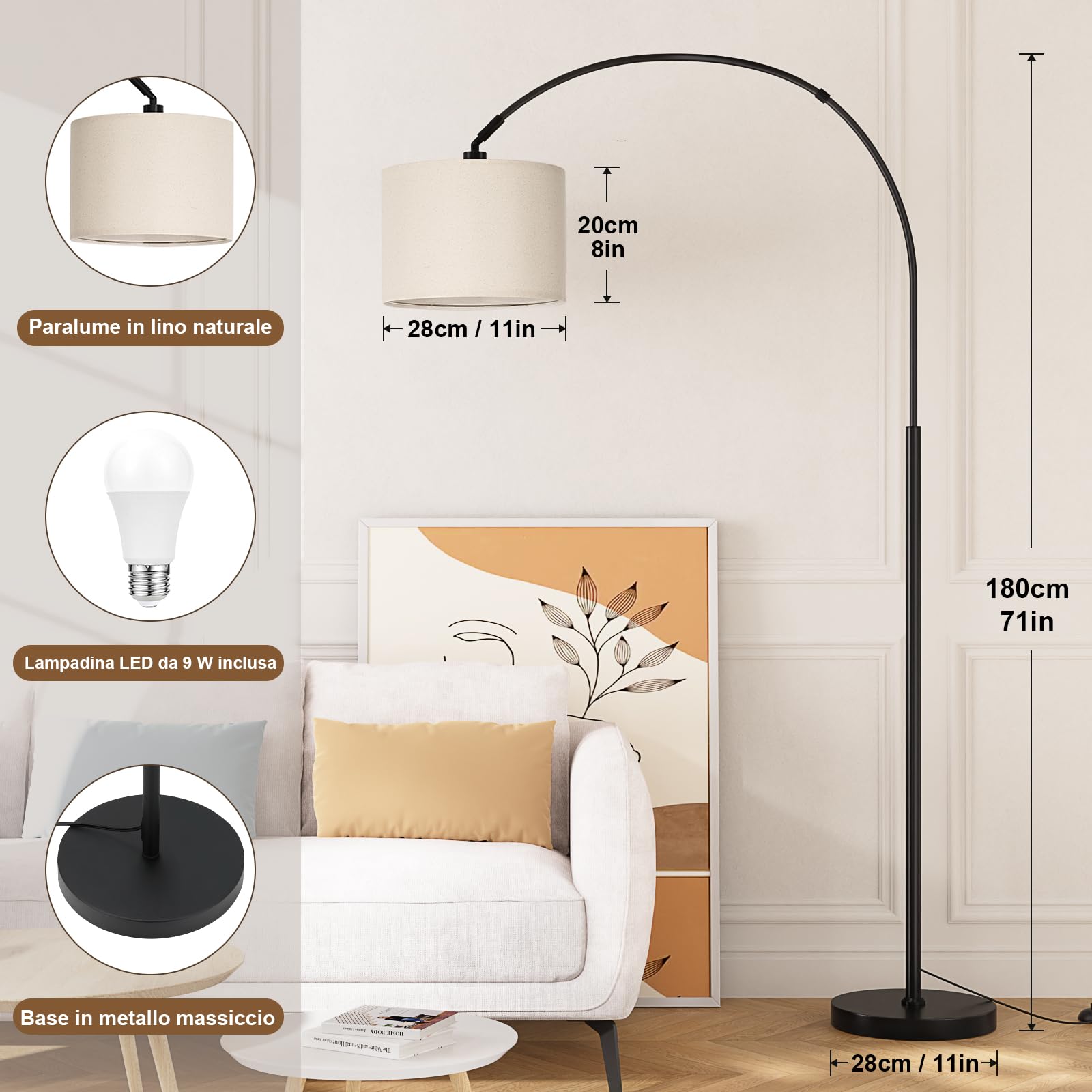 Stehlampe Wohnzimmer Dimmbar Bogenlampe, LED E27 Leselampe mit Fernbedienung 3000K-6000K, Vintage Standing Lamp Standlampe für Schlafzimmer, 350°Drehbarer Lampenkopf, 180cm, Beige