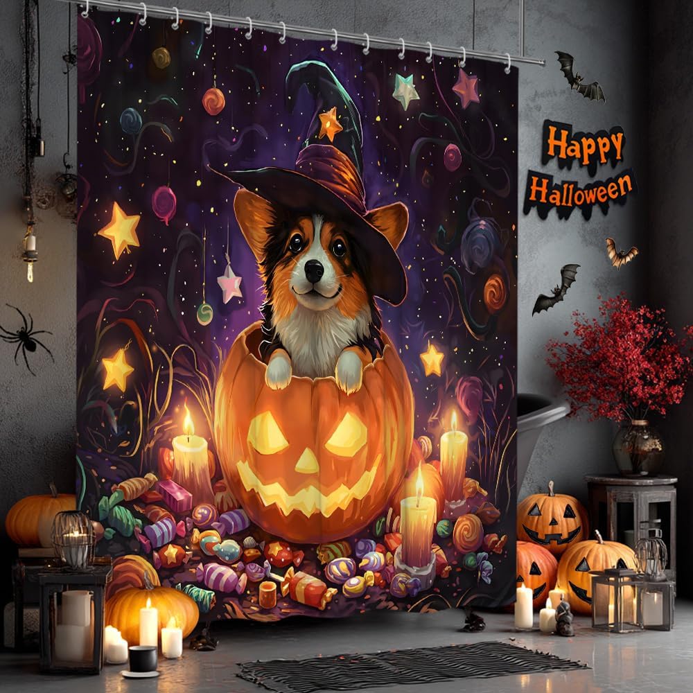 Halloween Shower Curtain Corgi Dog in Pumpkin Magical Night Scene with Candle and Candy Fantasy Stars Lovely Animal Bathroom Decor Polyester Curtains with Hooks,82Wx70L