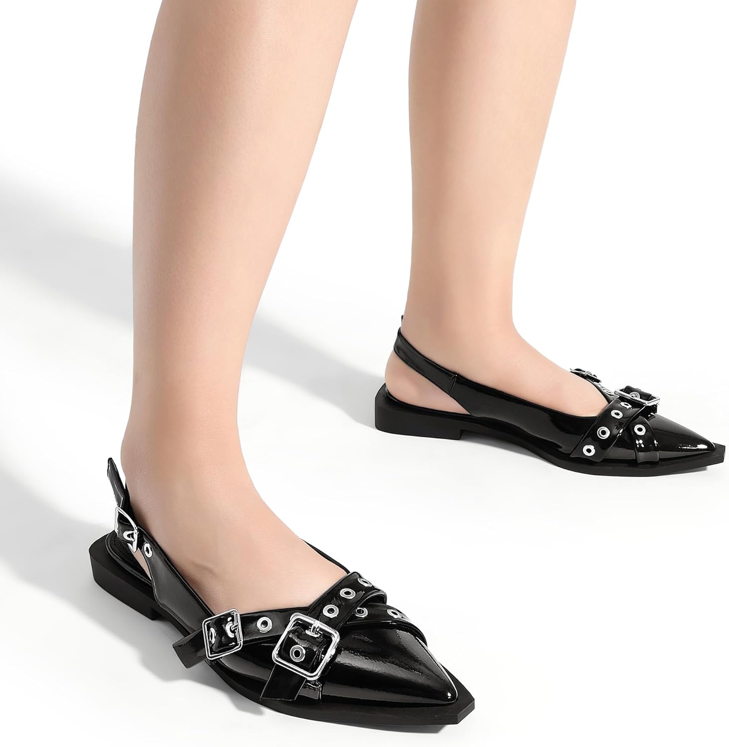Greatonu Women's Slingback Flats for Women Ballerina Shoes Studs Buckle Flat Shoes Cross Strap Closed Toe Sandals Pointed Toe Ballet Flats Casual Party Dressy Shoes - Image 2