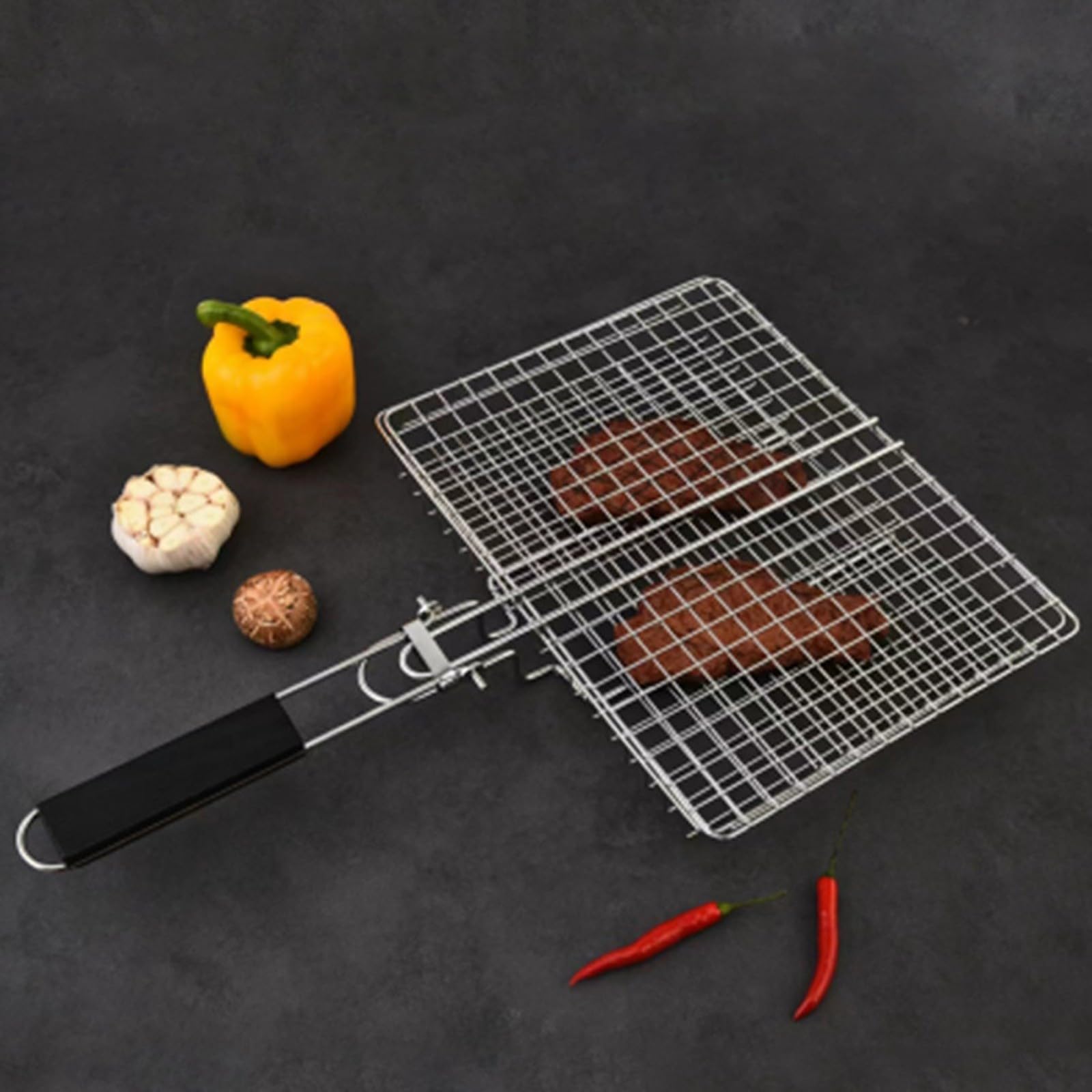 Cestino pieghevole per barbecue in acciaio inox di alta qualità, con manico, 50,5 x 31 x 4 cm, ideale per grigliare pesce, carne e verdure, utensile da cucina portatile, lavabile in lavastoviglie