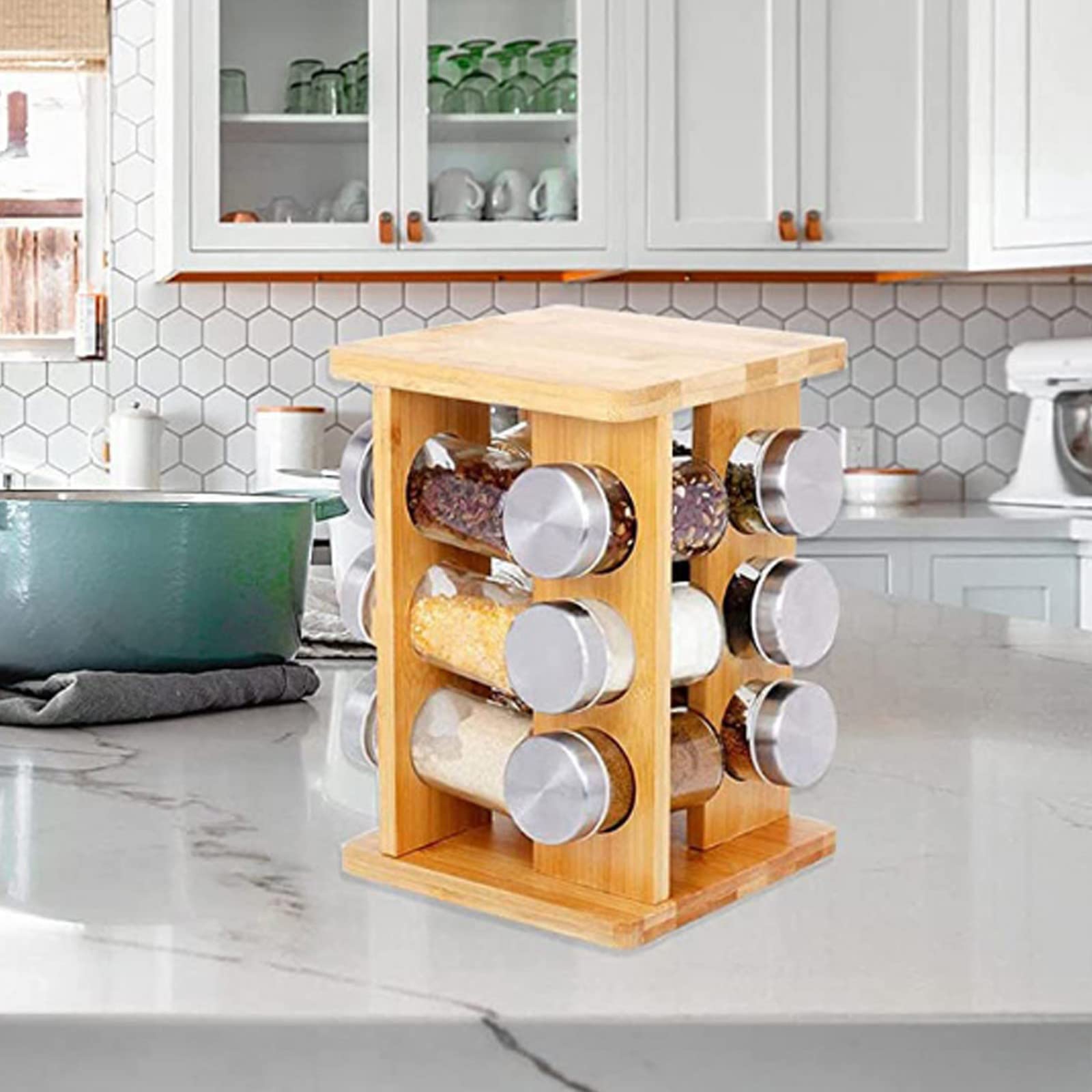 Gewürze Regal, Gewürzregal aus Holz Gewürzregal Stehend 360°drehbar Gewürzregal, fur Küche Gewürzdosen Organizer