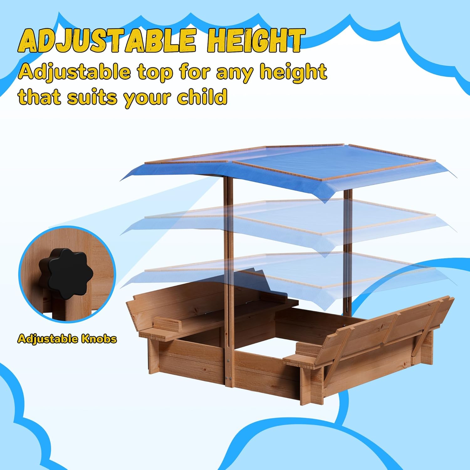 Kids Wooden Sandbox with Adjustable Canopy, Outdoor Sandbox with Cover and Adjustable Roof, Wooden Cabana Sand Box with Canopy, Canopy Sand Box with Lid & 2 Foldable Bench Seats for Backyard