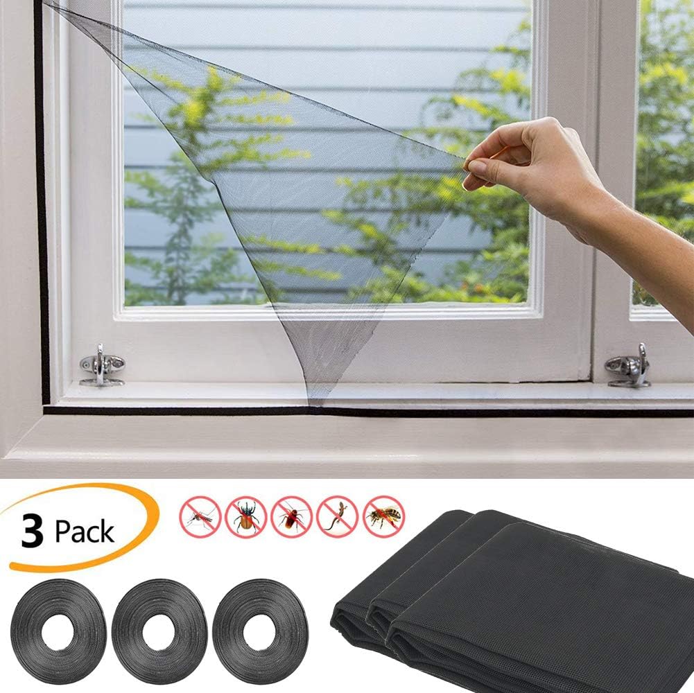 3 Pack Mosquito Net for Windows, [Upgrade] Fly Window Screen Mesh Insect Netting 1.3m x 1.5m Bug Bee Mosquito Protector with 3 Rolls Self-Adhesive Tapes (Black)