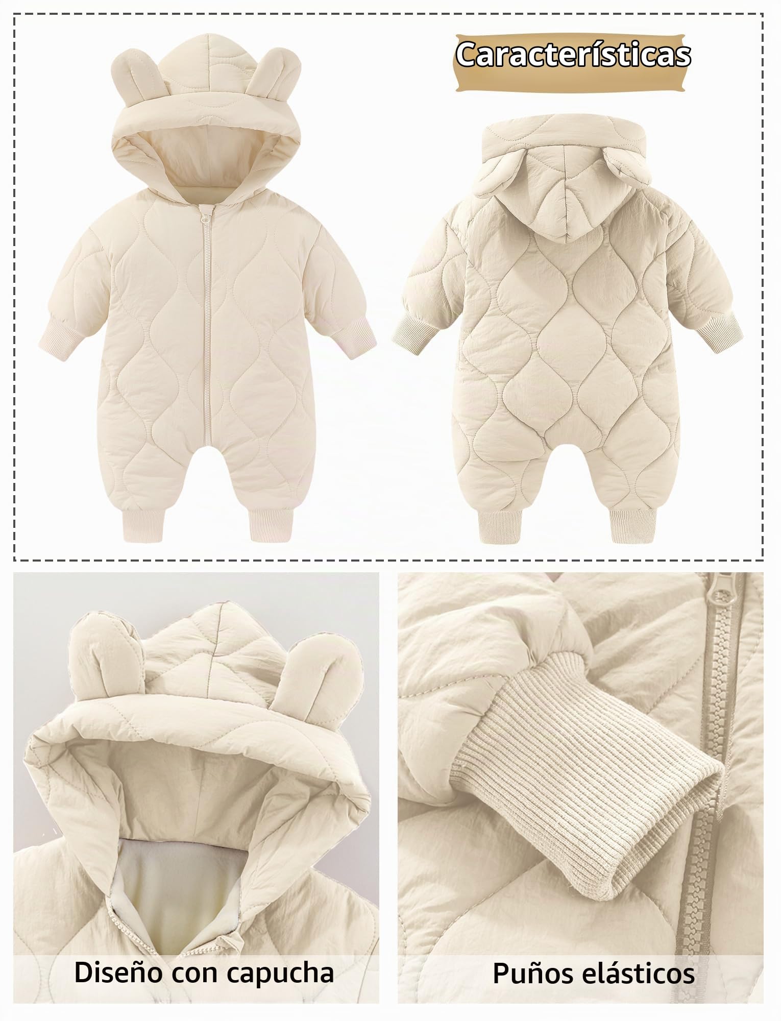 Happy Cherry - Mono Invierno Bebé Niño Niña Ropa de Una Pieza con Capucha Recién Nacido Traje de Nieve Niños Niñas Mameluco Acolchado Infantil Buzos Cálida Mangas Largas - 3-18 Meses
